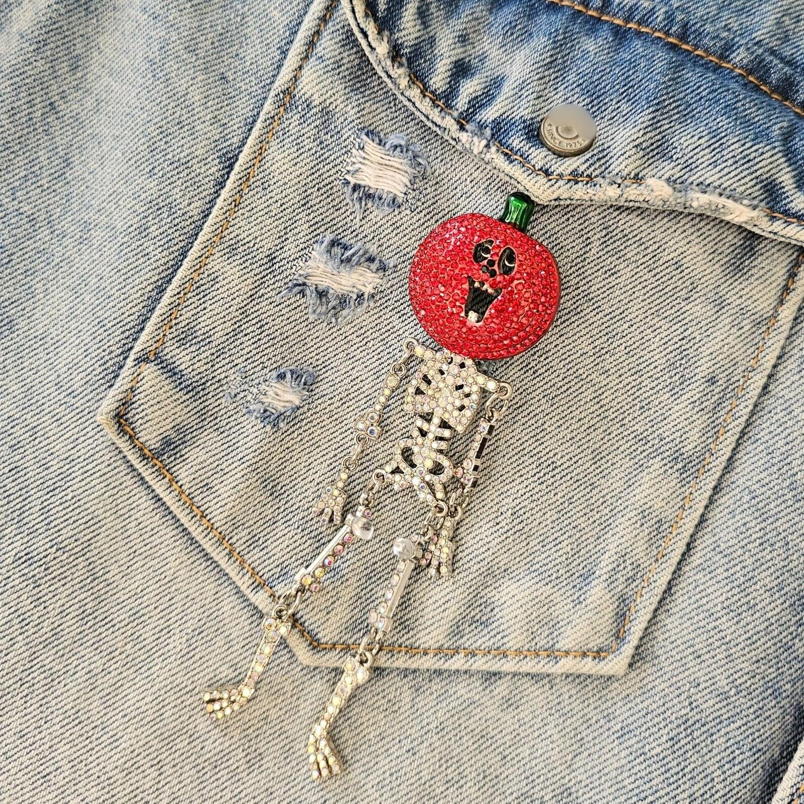 Pumpkin Skeleton Rhinestone Brooch ~ Halloween, Jewelry, Pin