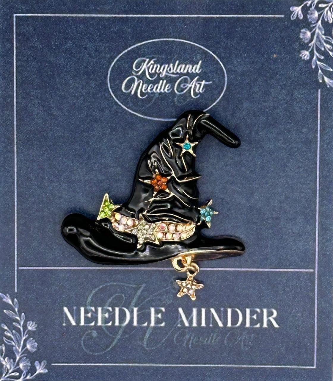 KINGSLAND NEEDLE MINDER ~ Glam Black Witch Hat Needle Minder, Needle Dock, Swarovski Crystal Enamel Magnet, Needle Garage, Needleminder