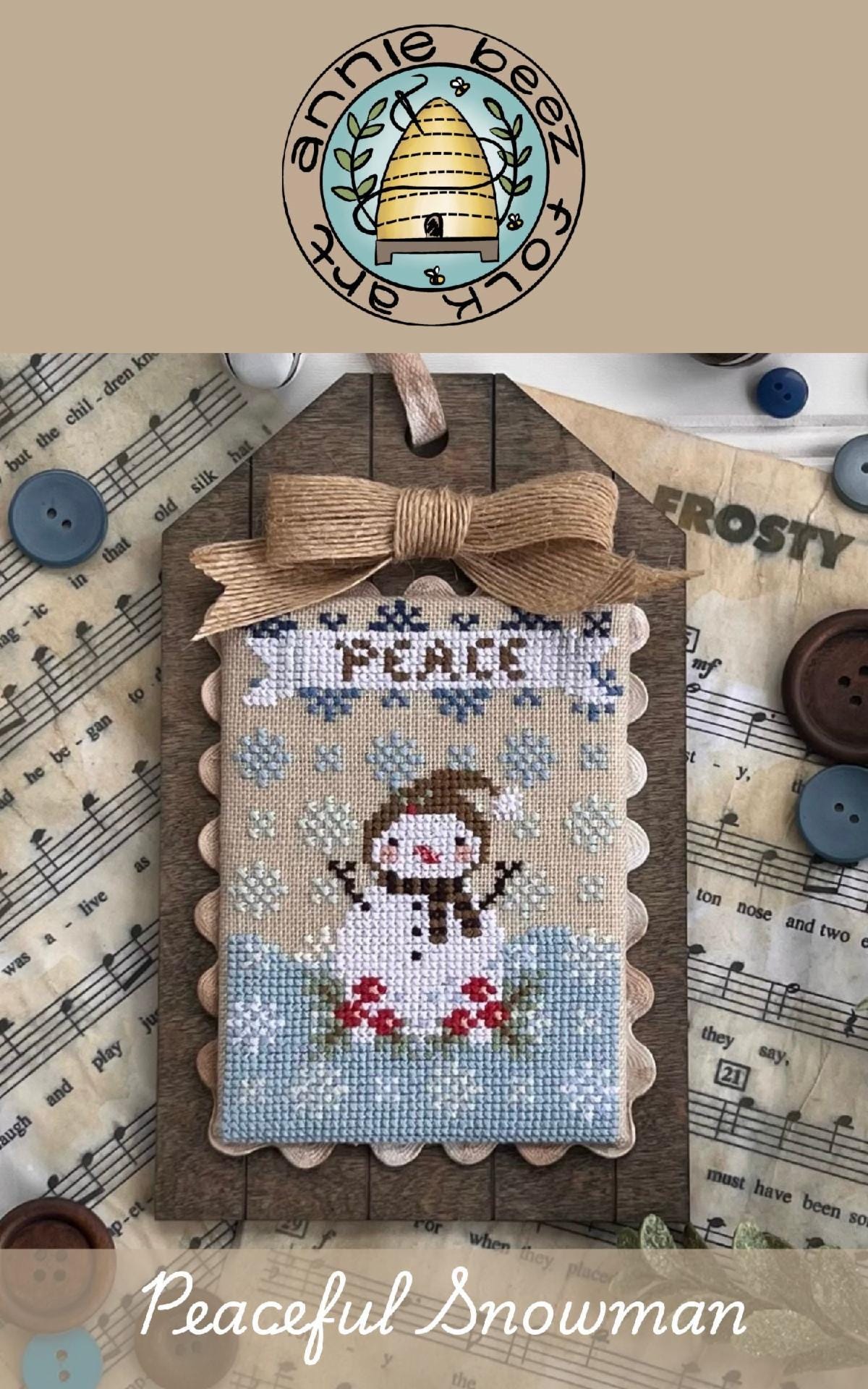 ANNIE BEEZ Folk Art "Peaceful Snowman" Counted Cross Stitch Pattern, Chart, Needlework, Pattern Only