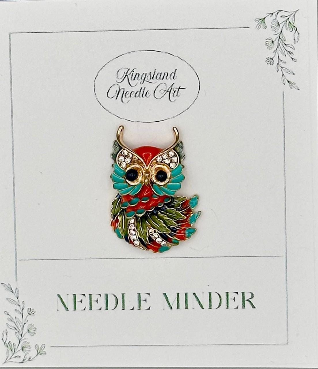 KINGSLAND NEEDLE MINDER ~ Orange Turquoise Owl Needle Minder, Needle Dock, Swarovski Crystal Enamel Magnet, Needle Garage, Needleminder