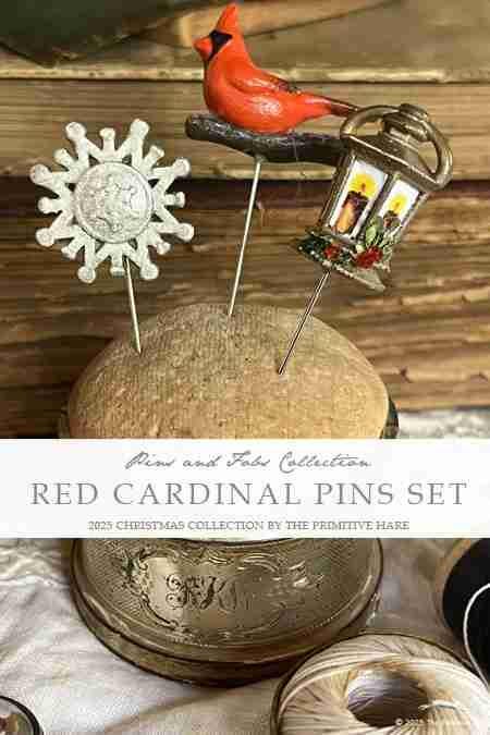 The PRIMITIVE HARE "Red Cardinal - Pins Set" Handmade in Italy ~ 3-Pin Set ~ Needlework Marketplace 2025