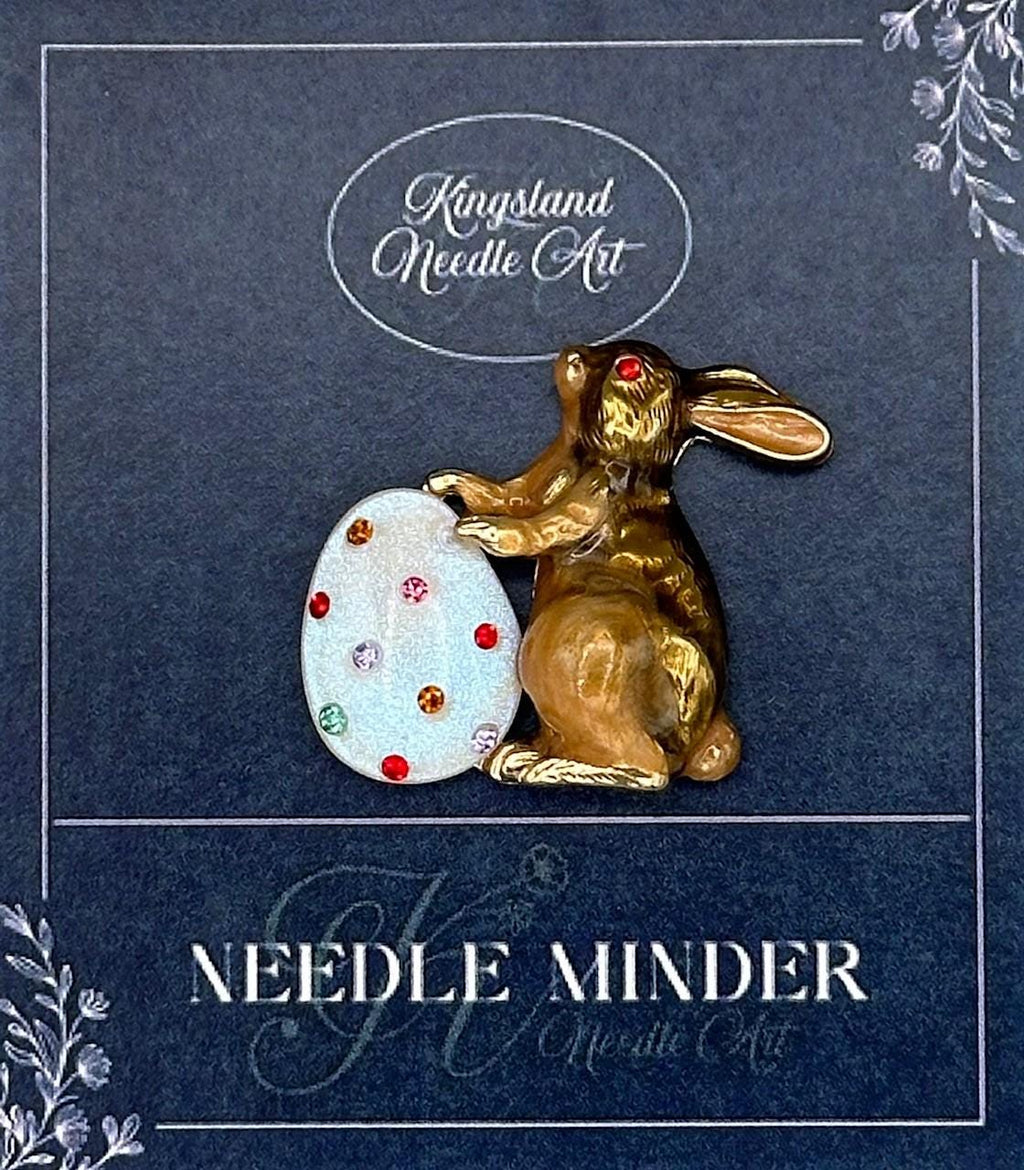 KINGSLAND NEEDLE MINDER ~ Brown Bunny Rabbit with Egg Needle Minder, Needle Dock, Enamel Magnet Needle Garage, Needleminder