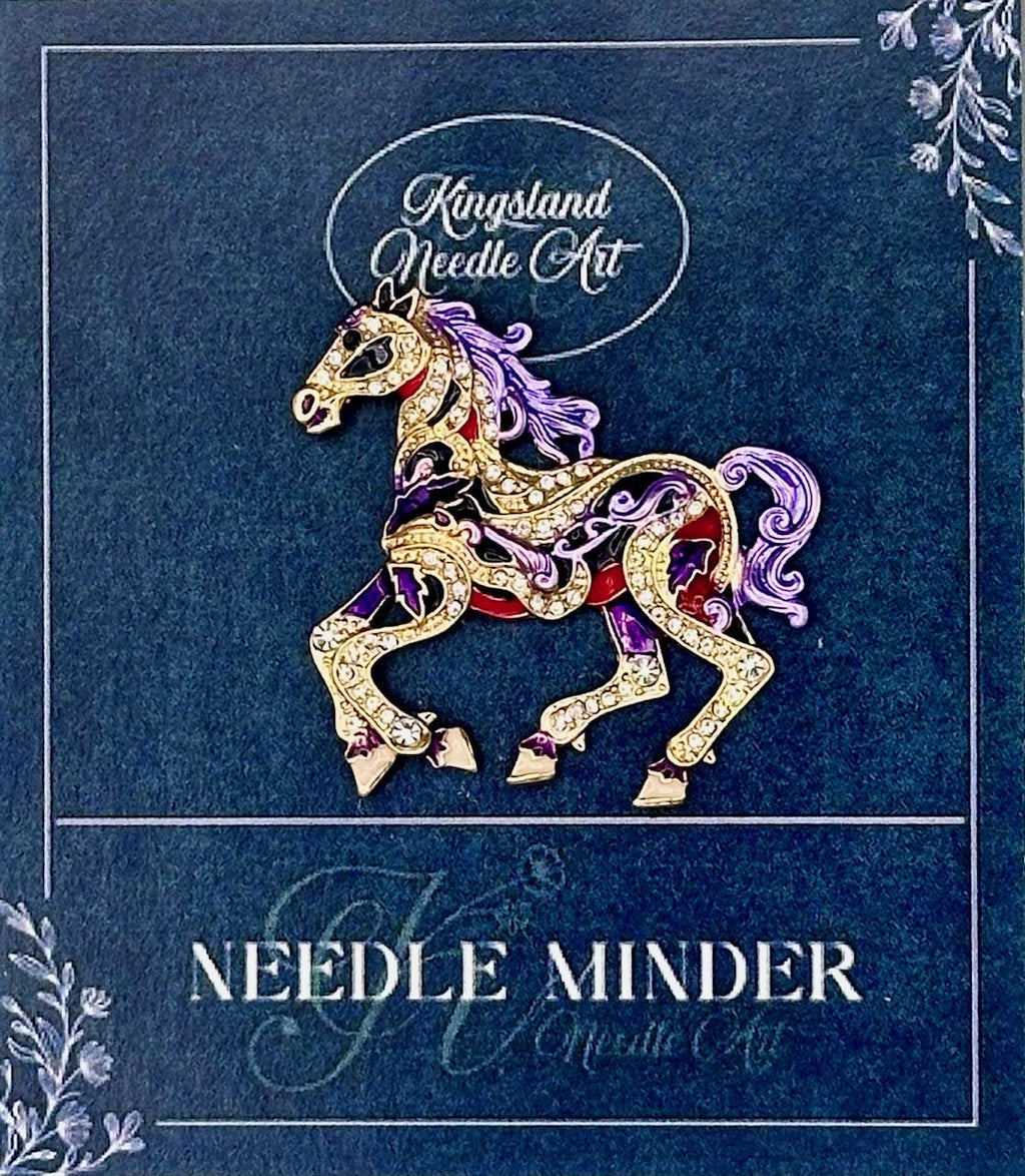 KINGSLAND NEEDLE MINDER ~ Purple Horse Needle Minder, Needle Dock, Crystal, Enamel, Magnet, Needle Garage, Needleminder