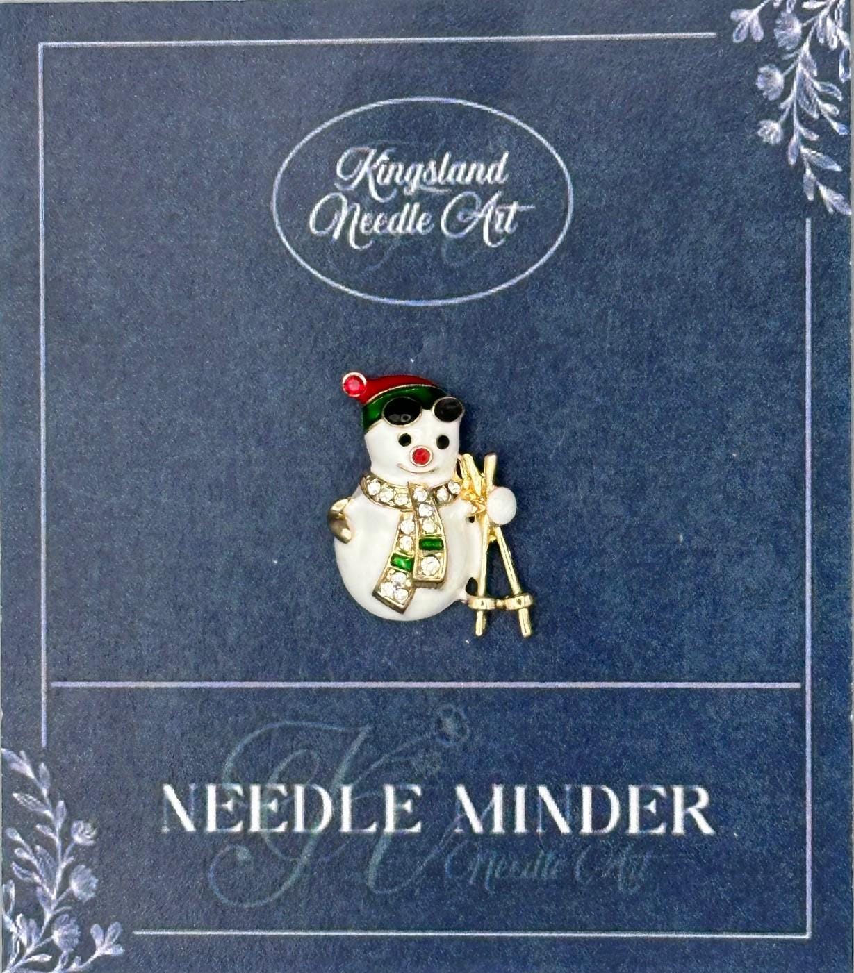 KINGSLAND NEEDLE MINDER ~ Small Skiing Snowman Needle Minder, Needle Dock, Swarovski Crystal Enamel Magnet, Needle Garage, Needleminder
