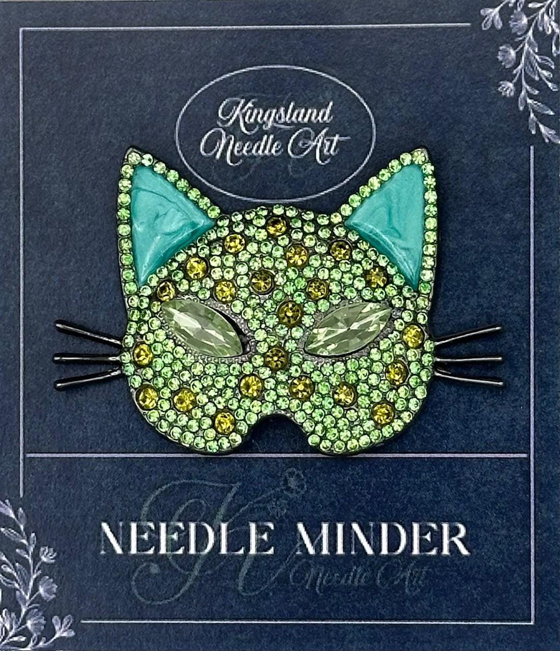 KINGSLAND NEEDLE MINDER ~ Green Cat Mask Needle Minder, Needle Dock, Sparkling Rhinestones, Enamel Magnet, Needle Garage, Needleminder