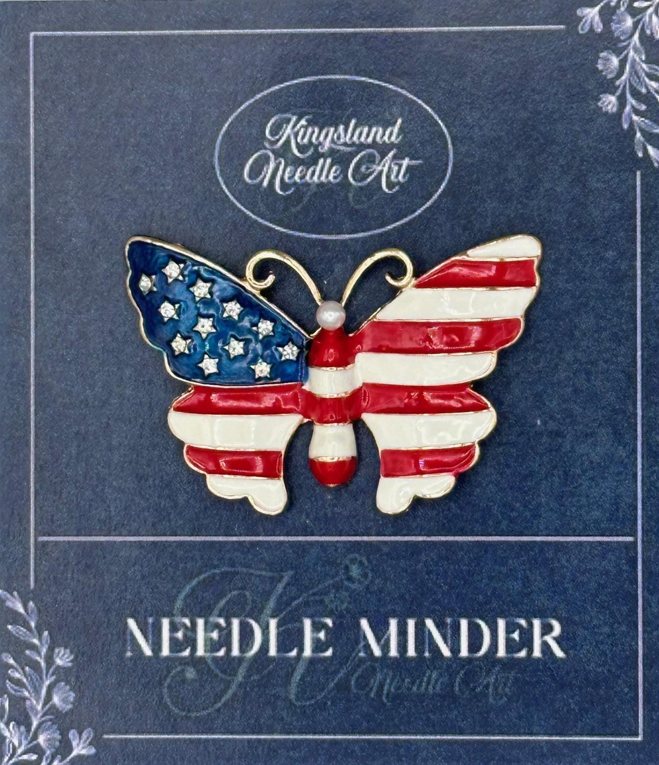 KINGSLAND NEEDLE MINDER ~ Patriotic Butterfly Flag Needle Minder, Needle Dock, Inlaid Shiny Enamel, Magnet Needle Garage, Needleminder