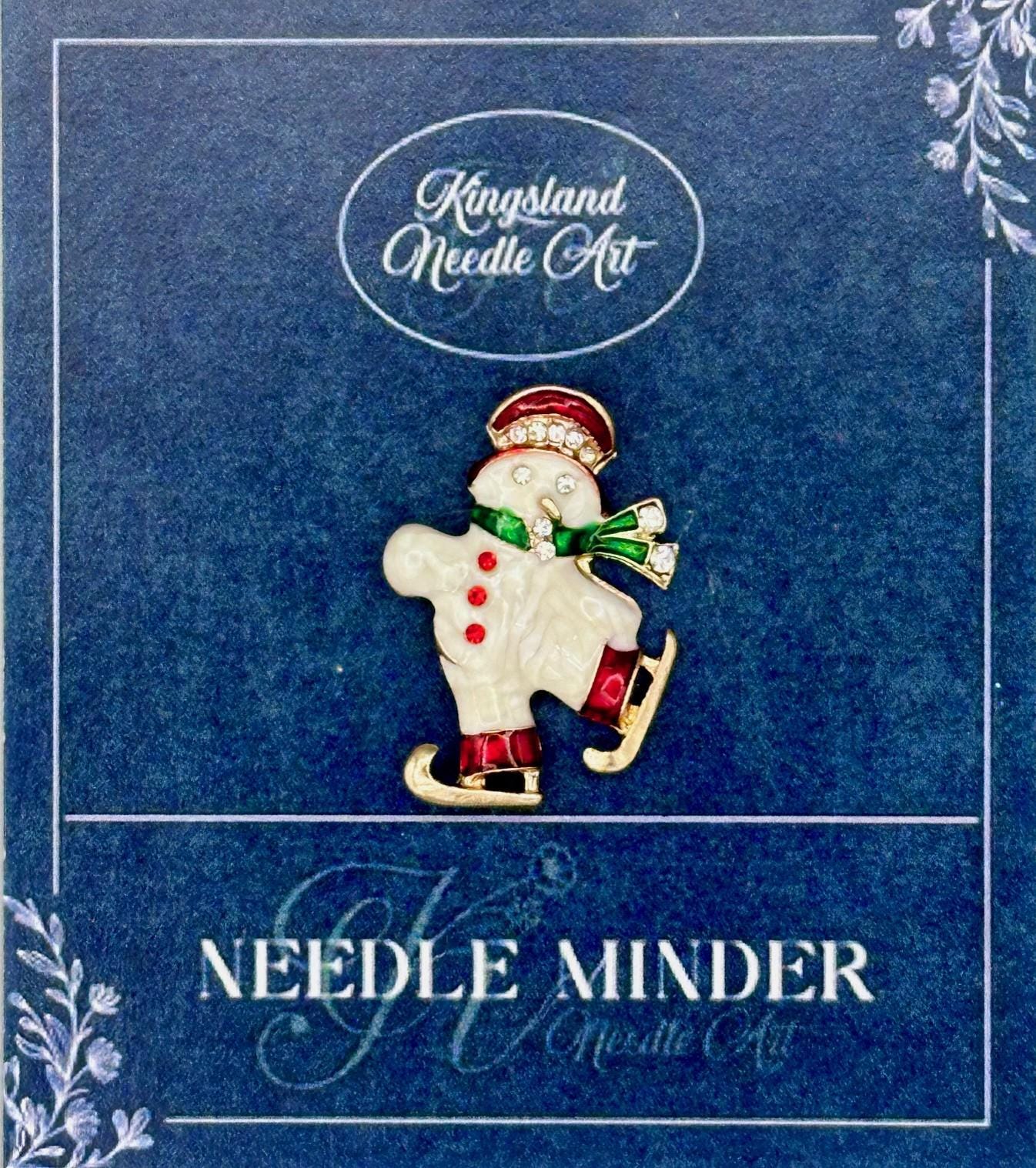 KINGSLAND NEEDLE MINDER ~ Skating Snowman Needle Minder, Needle Dock, Swarovski Crystal Enamel Magnet, Needle Garage, Needleminder
