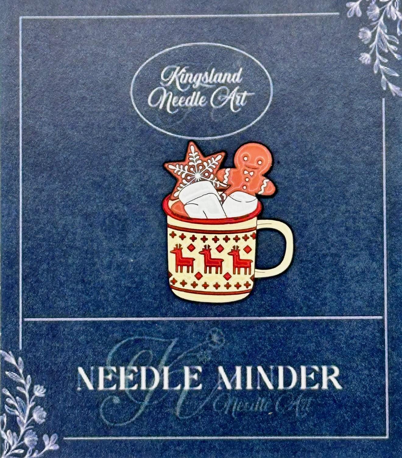 KINGSLAND NEEDLE MINDER ~ Reindeer Hot Chocolate Mug Needle Minder, Needle Dock, Enamel Magnet Needle Garage, Needleminder