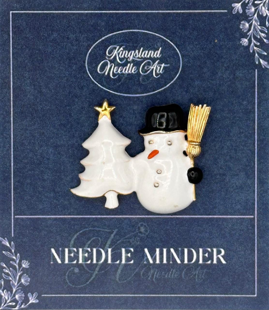 KINGSLAND NEEDLE MINDER ~ White Snowman & Tree Needle Minder, Needle Dock, Swarovski Crystal Enamel Magnet, Needle Garage, Needleminder