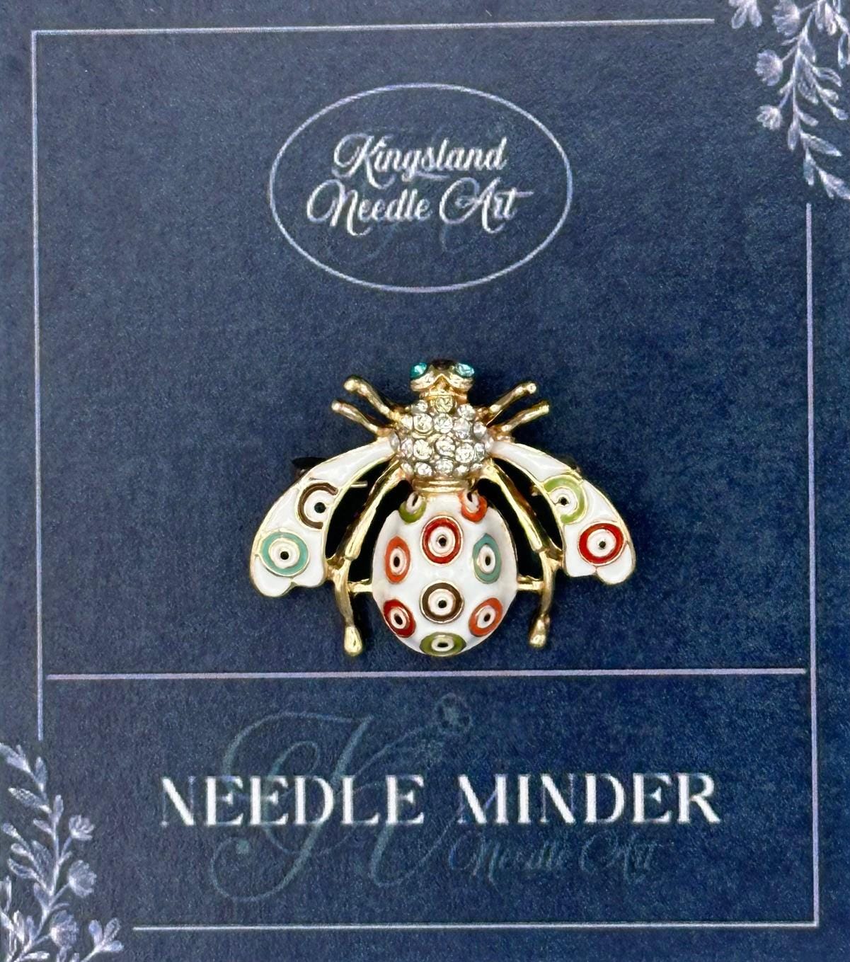 KINGSLAND NEEDLE MINDER ~ Enamel Bee Needle Minder, Needle Dock, Needle Nanny, Canvas Magnet, Needle Garage, Needleminder