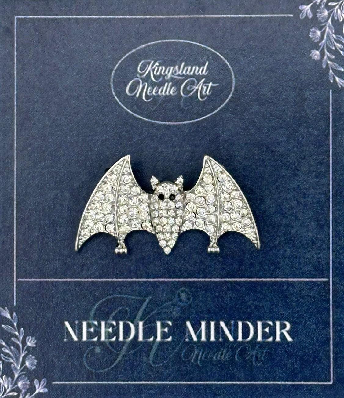 KINGSLAND NEEDLE MINDER ~ Halloween Bat Needle Minder, Silver Tone, Needle Dock, Enamel and Rhinestone, Magnet Needle Garage, Needleminder
