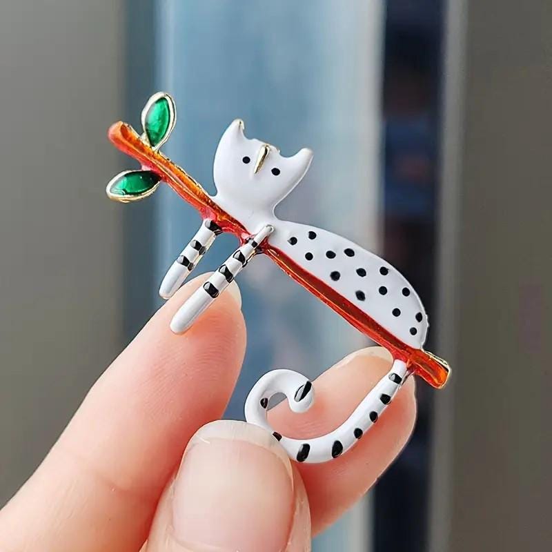 BROOCH ~ Black or White Cat on Branch Brooch ~ Jewelry, Holidays, Great Gift Idea, Pin