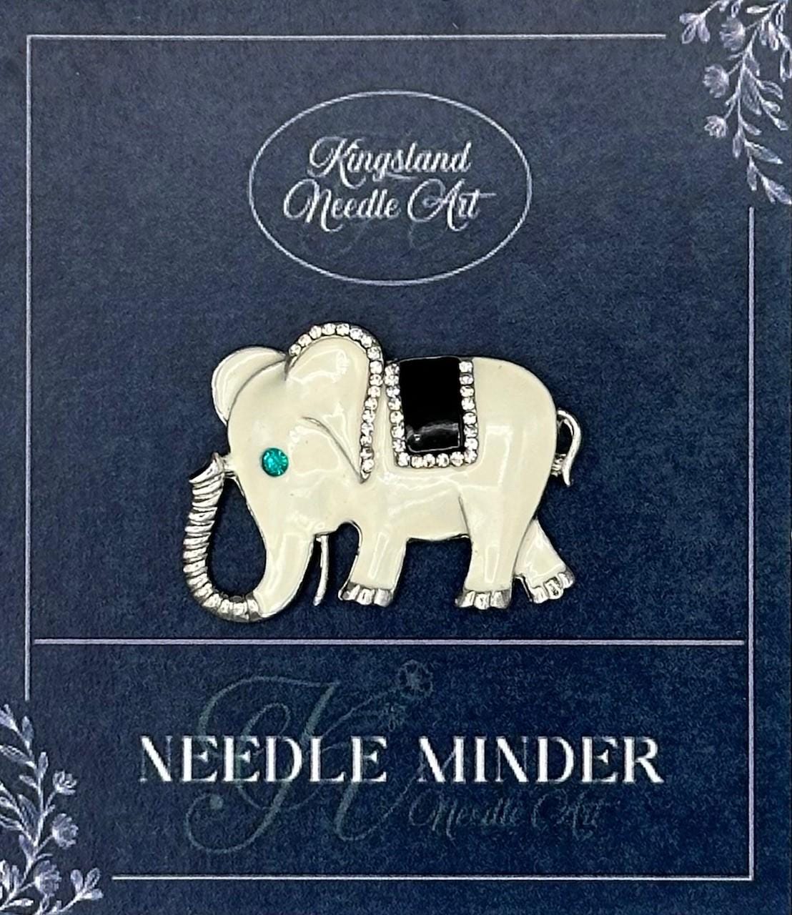KINGSLAND NEEDLE MINDER ~ White Elephant Needle Minder, Needle Dock, Sparkling Rhinestones, Enamel Magnet, Needle Garage, Needleminder