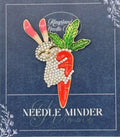 KINGSLAND NEEDLE MINDER ~ Whimsical Bunny Rabbit on a Carrot Needle Minder, Needle Dock, Rhinestone and Enamel, Magnet, Needleminder