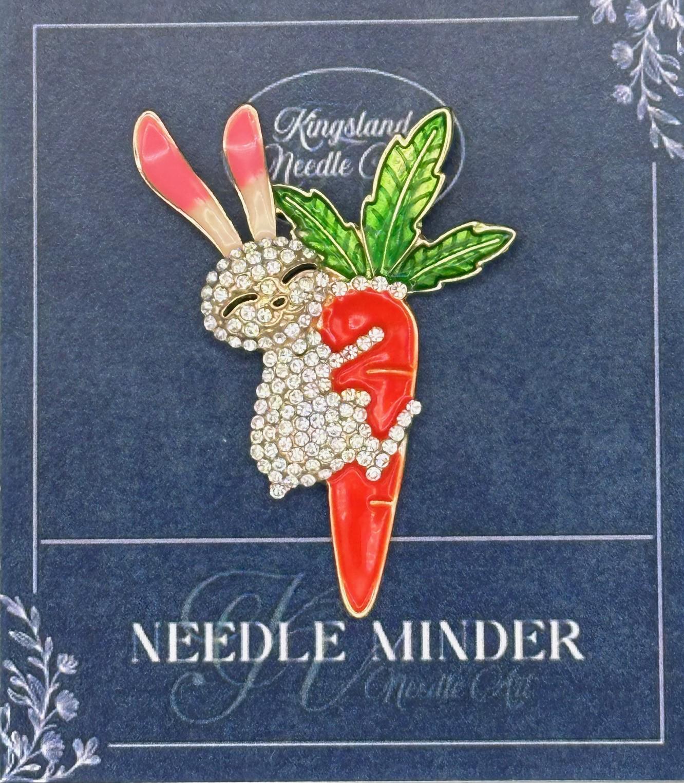 KINGSLAND NEEDLE MINDER ~ Whimsical Bunny Rabbit on a Carrot Needle Minder, Needle Dock, Rhinestone and Enamel, Magnet, Needleminder