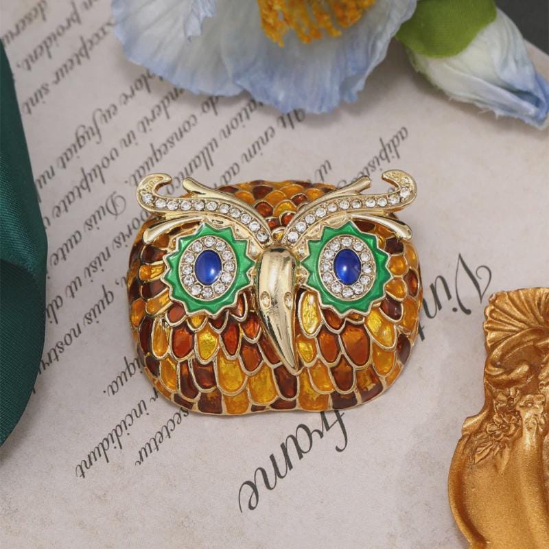 BROOCH ~ Vintage-Style Owl Enamel & Crystal Brooch ~ Gold Tone ~ Jewelry, Holidays, Great Gift Idea, Pin