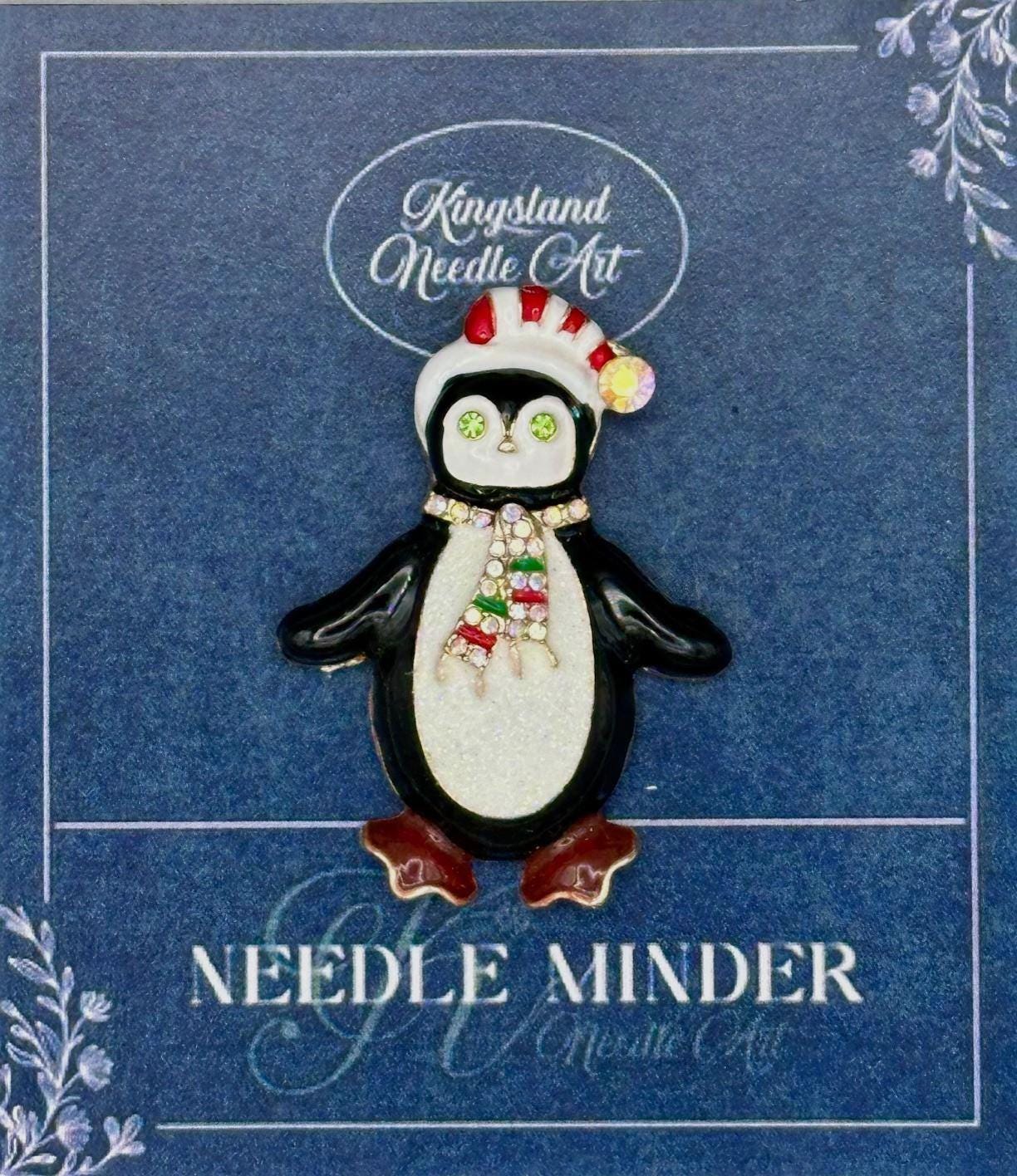KINGSLAND NEEDLE MINDER ~ Green Eyed Penguin Needle Minder, Needle Dock, Swarovski Crystal Enamel Magnet, Needle Garage, Needleminder
