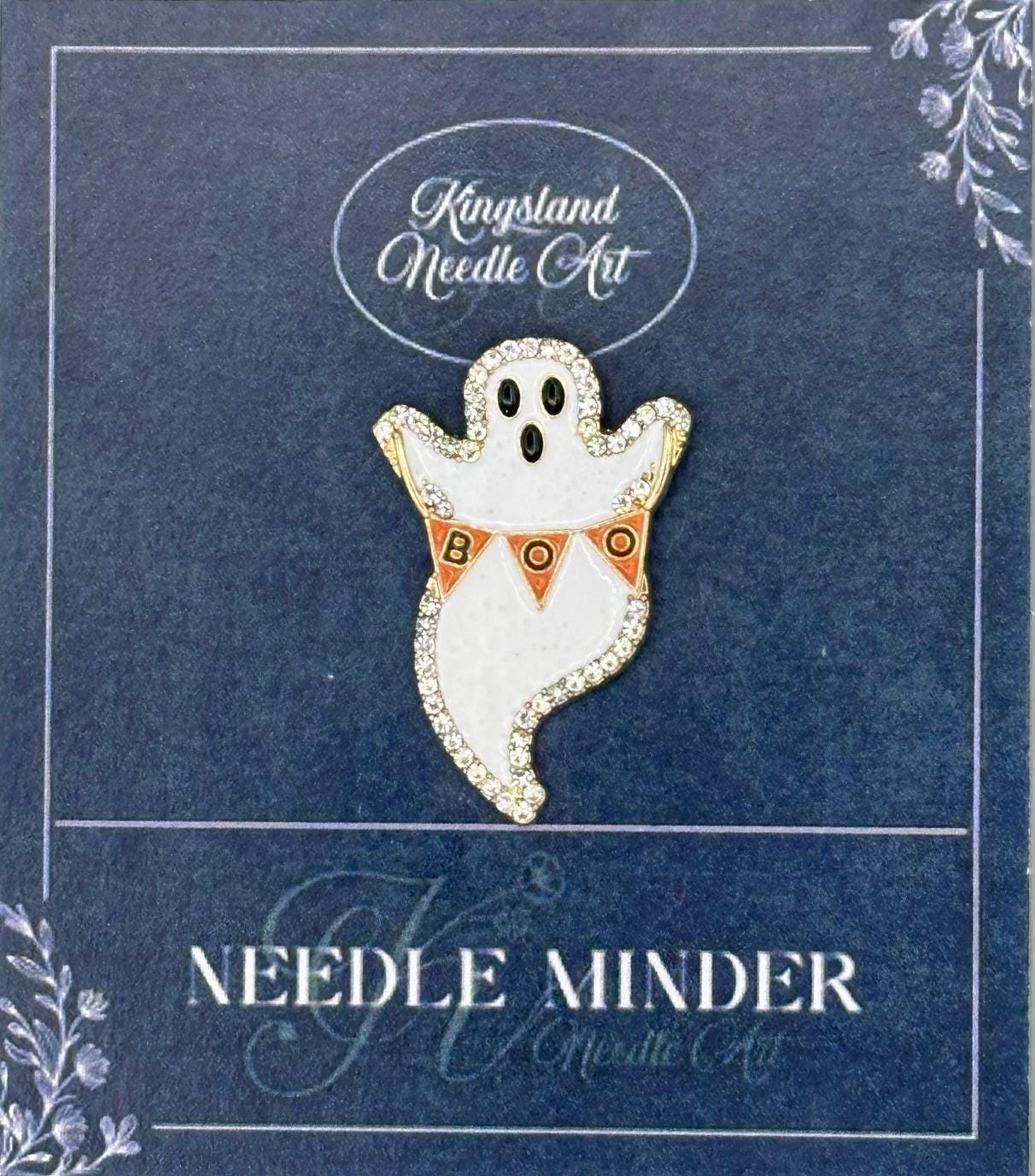KINGSLAND NEEDLE MINDER ~ Halloween Boo Ghost Needle Minder, Needle Dock, Swarovski Crystal Enamel Magnet, Needle Garage, Needleminder