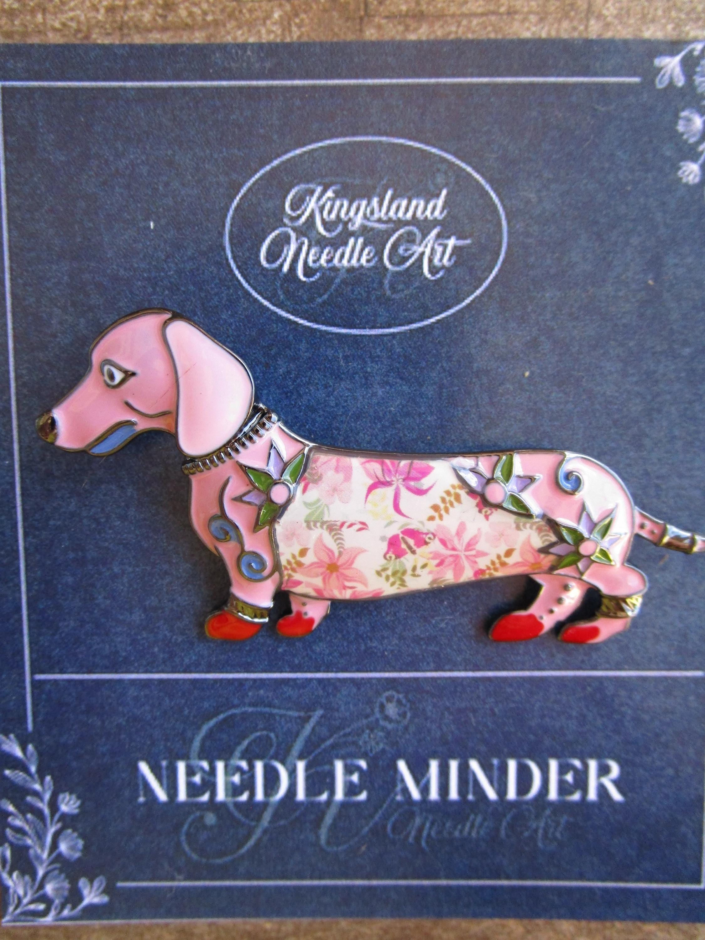 KINGSLAND NEEDLE MINDER ~ Pink Dog Dachshund Needle Minder, Needle Dock, Enamel, Magnet, Needle Garage, Needleminder