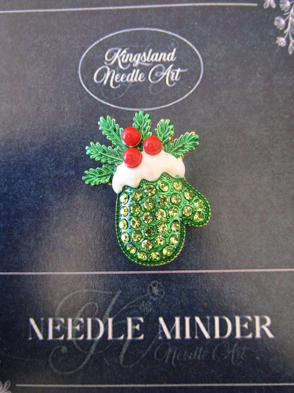 KINGSLAND NEEDLE MINDER ~ Green Snow Mitten Needle Minder, Needle Dock, Sparkling Rhinestones, Enamel Magnet, Needle Garage, Needleminder