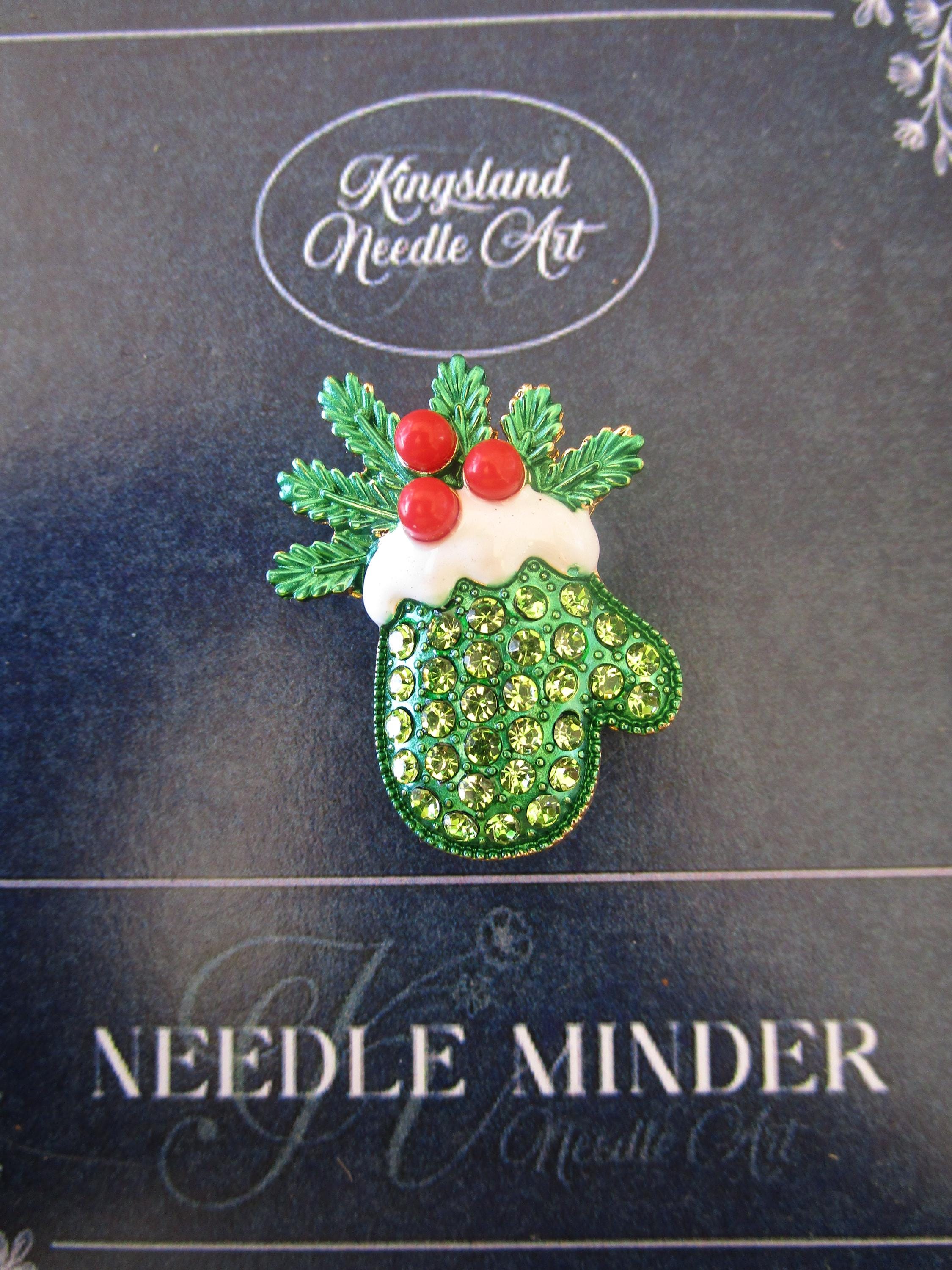 KINGSLAND NEEDLE MINDER ~ Green Snow Mitten Needle Minder, Needle Dock, Sparkling Rhinestones, Enamel Magnet, Needle Garage, Needleminder