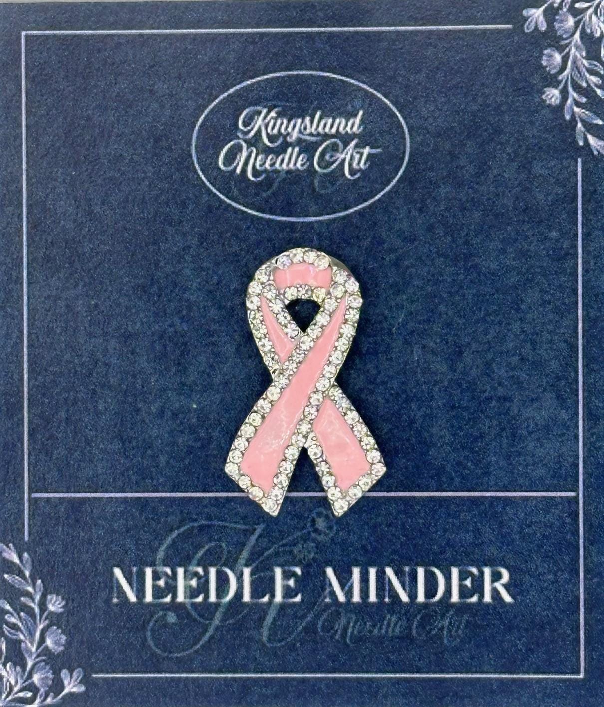KINGSLAND NEEDLE MINDER ~ Crystal-Lined Pink Ribbon Breast Cancer Awareness Needle Minder, Needle Dock, Magnet Needle Garage, Needleminder