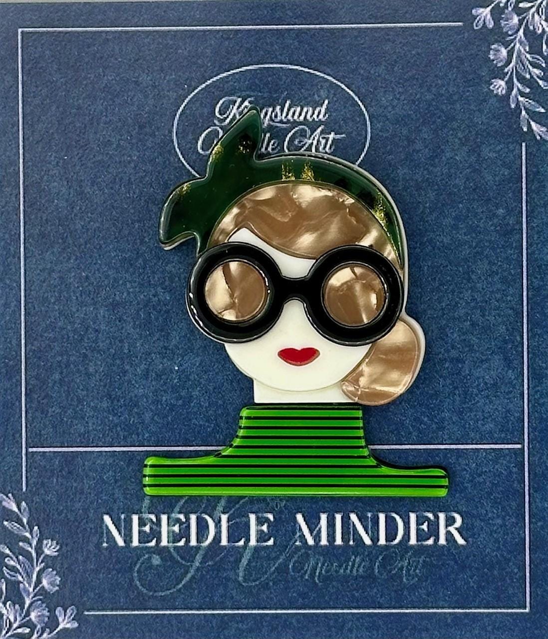 KINGSLAND NEEDLE MINDER ~ Green Striped Turtleneck Girl Acrylic Needle Minder, Needle Dock, Multi-Dimensional, Magnet, Needleminder