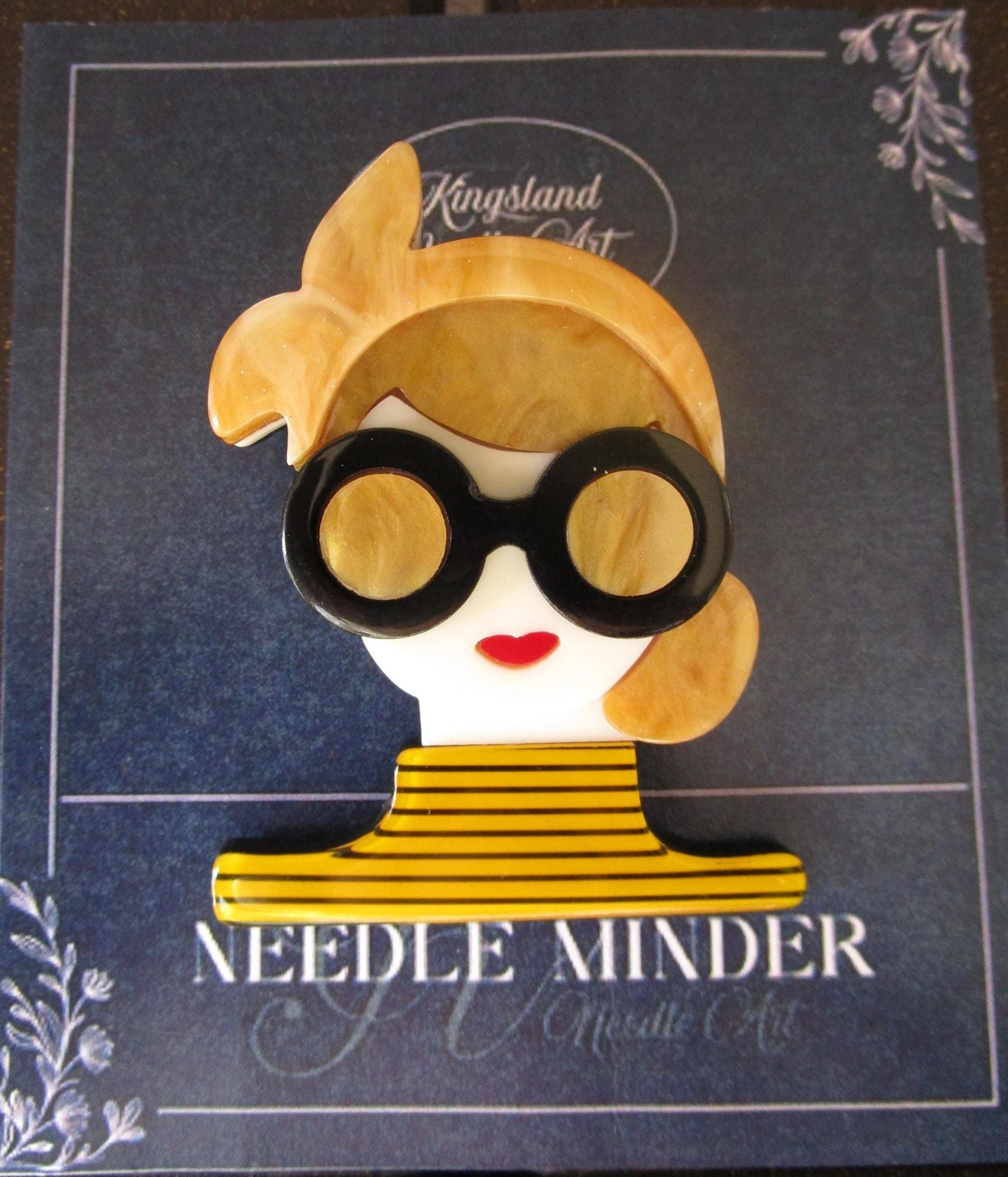 KINGSLAND NEEDLE MINDER ~ Yellow Striped Turtleneck Girl Acrylic Needle Minder, Needle Dock, Multi-Dimensional, Magnet, Needleminder