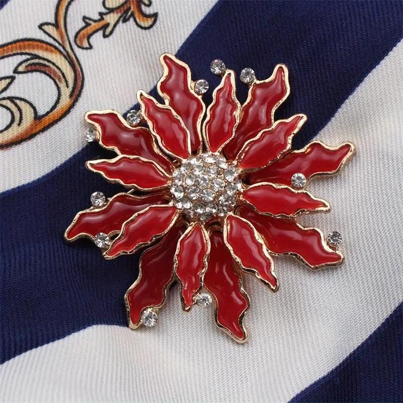 BROOCH ~ Stunning Red Poinsettia Flower ~ Gold Tone Enamel and Crystals ~ Jewelry, Holidays, Christmas, Great Gift Idea, Pin