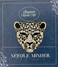 KINGSLAND NEEDLE MINDER ~ Leopard Head Needle Minder, Gold Tone, Needle Dock, Enamel and Rhinestone, Magnet Needle Garage, Needleminder