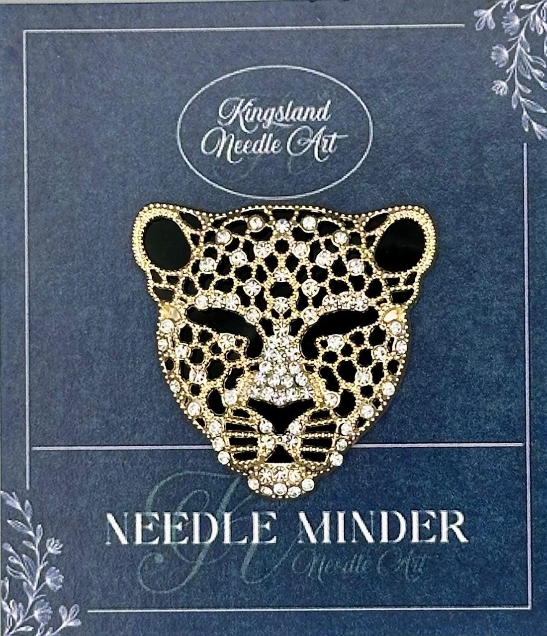 KINGSLAND NEEDLE MINDER ~ Leopard Head Needle Minder, Gold Tone, Needle Dock, Enamel and Rhinestone, Magnet Needle Garage, Needleminder