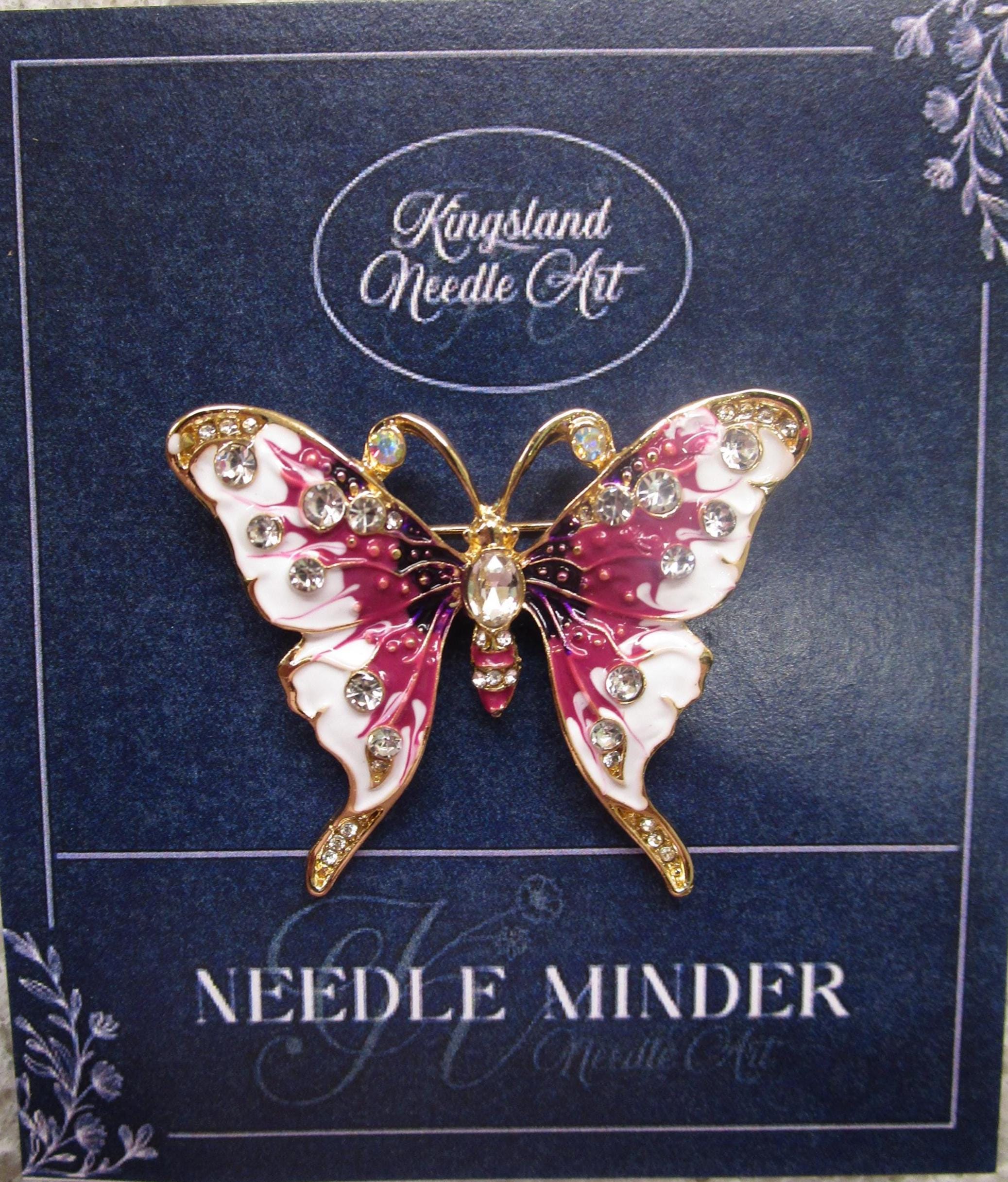 KINGSLAND NEEDLE MINDER ~ Pink & Purple Butterfly Needle Minder, Needle Dock, Swarovski Crystal Enamel Magnet, Needle Garage, Needleminder