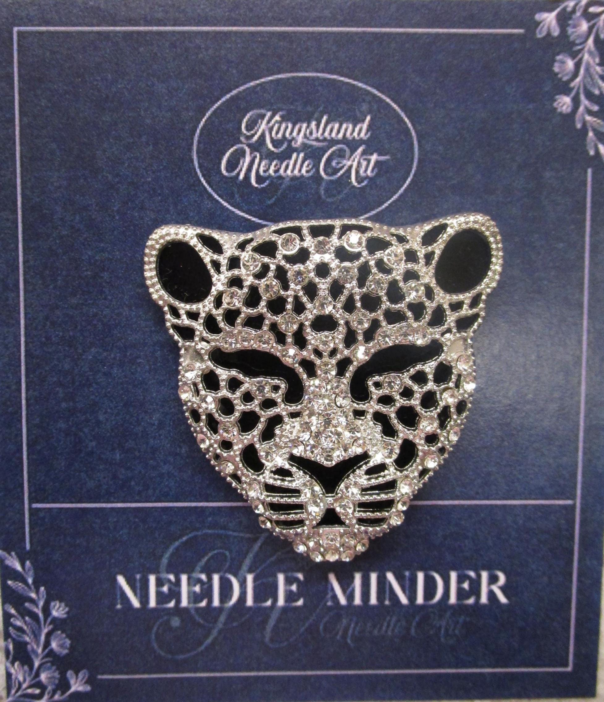 KINGSLAND NEEDLE MINDER ~ Leopard Head Needle Minder, Silver Tone, Needle Dock, Enamel and Rhinestone, Magnet Needle Garage, Needleminder