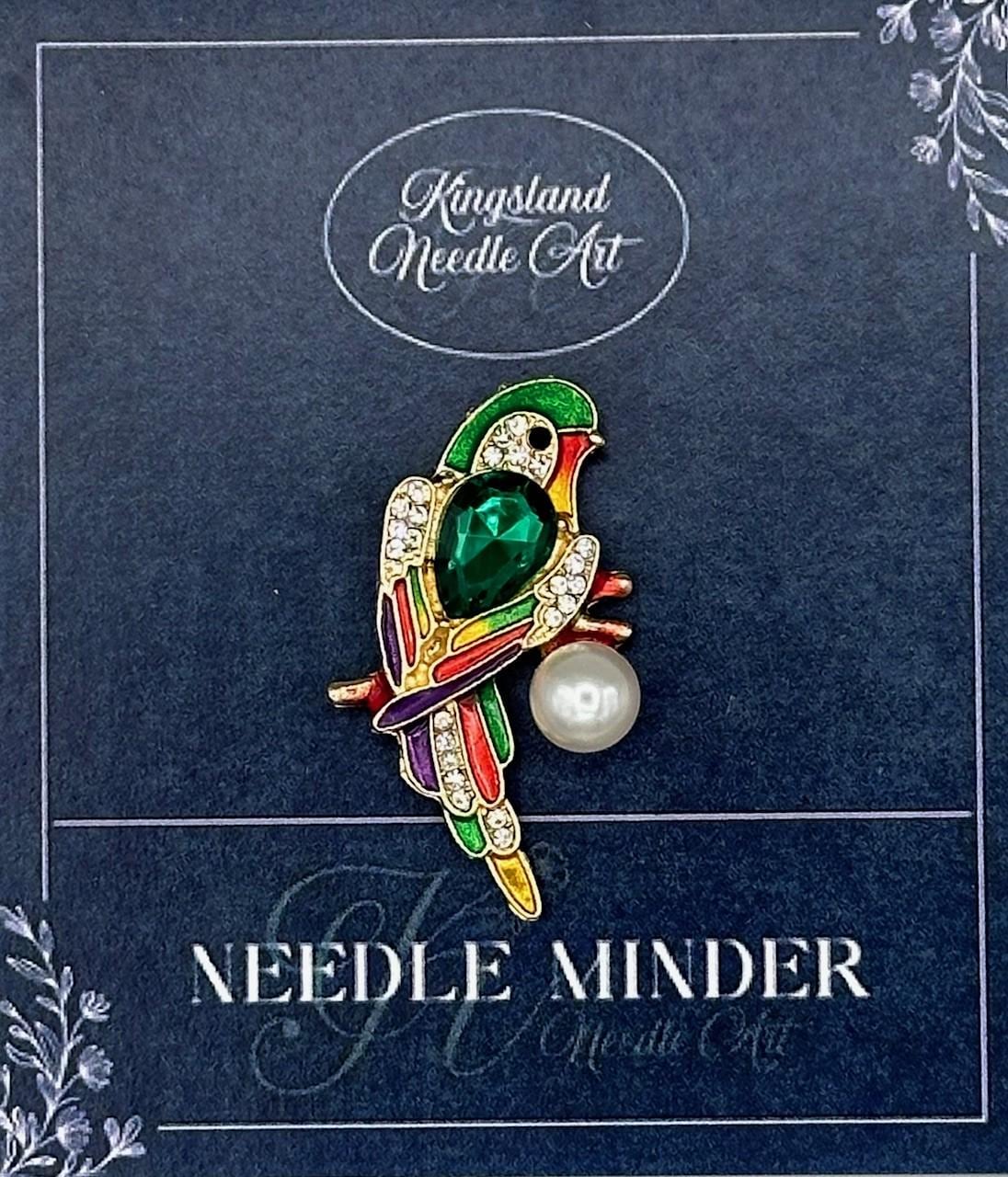 KINGSLAND NEEDLE MINDER ~ Green Parrot Needle Minder, Needle Dock, Swarovski Crystal Enamel Magnet, Needle Garage, Needleminder