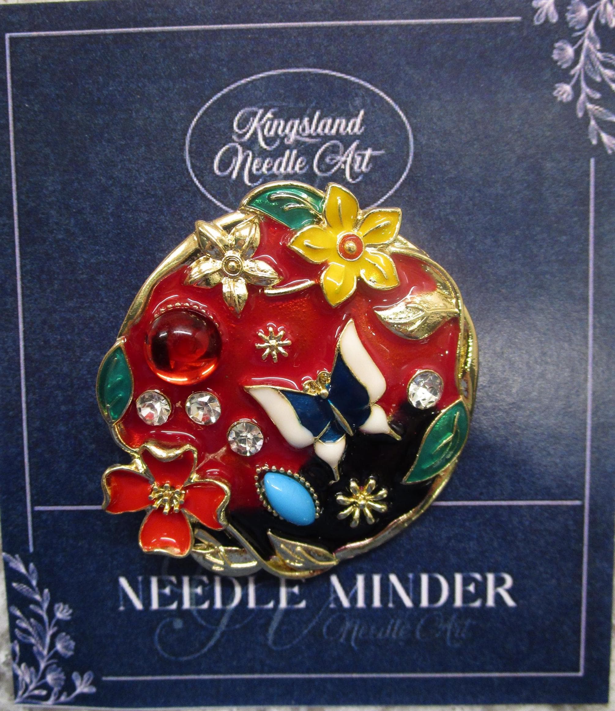KINGSLAND NEEDLE MINDER ~ Floral & Butterfly Needle Minder, Needle Dock, Enamel, Magnet, Needle Garage, Needleminder