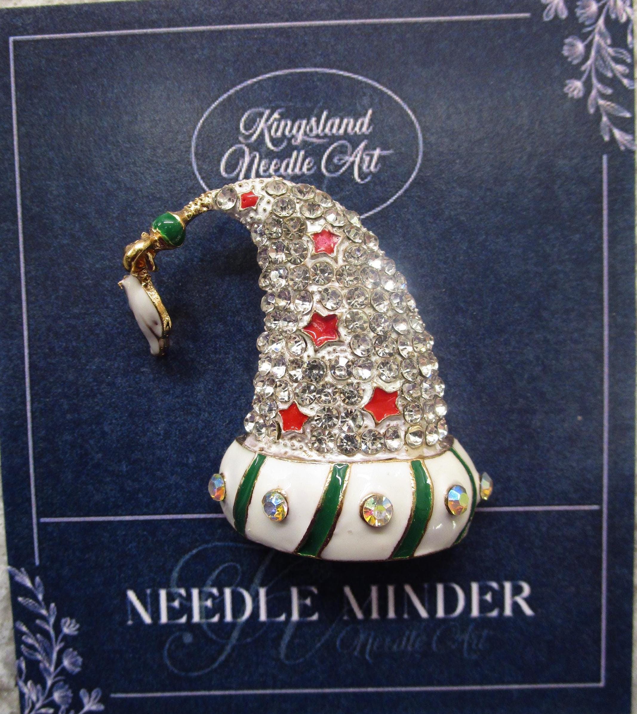 KINGSLAND NEEDLE MINDER ~ Green Striped Santa Hat Needle Minder, Needle Dock, Swarovski Crystal Enamel Magnet, Needle Garage, Needleminder