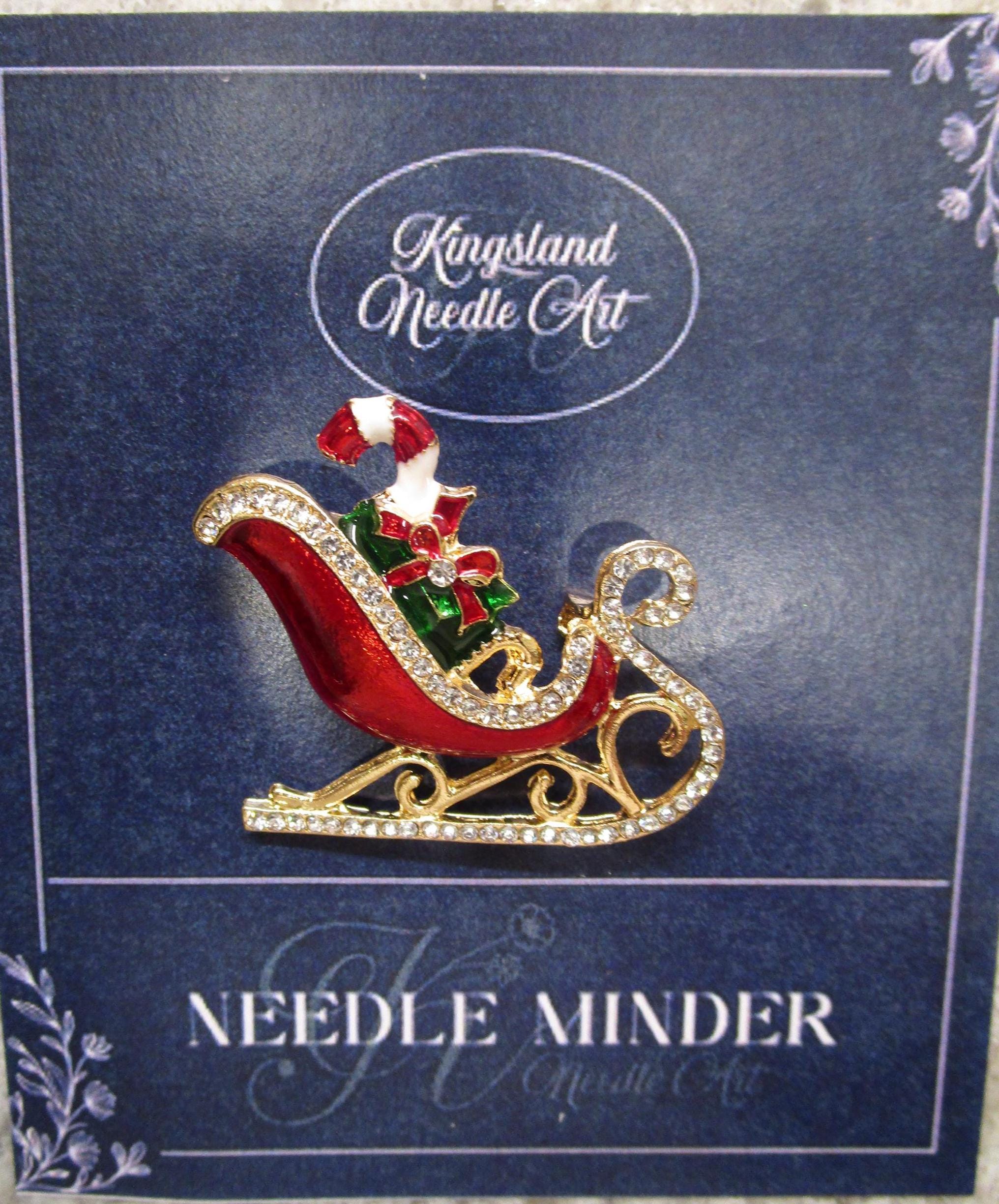 KINGSLAND NEEDLE MINDER ~ Red Sleigh Enamel & Rhinestone Needle Minder, Needle Dock, Multi-Dimensional, Magnet, Needle Garage, Needleminder