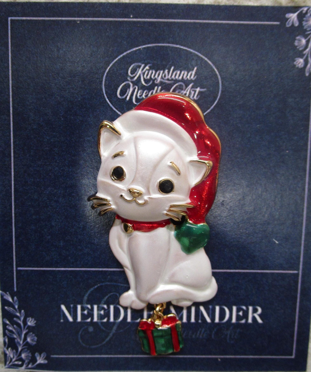 KINGSLAND NEEDLE MINDER ~ Christmas Cat Needle Minder, Needle Dock, Enamel, Magnet, Needle Garage, Needleminder