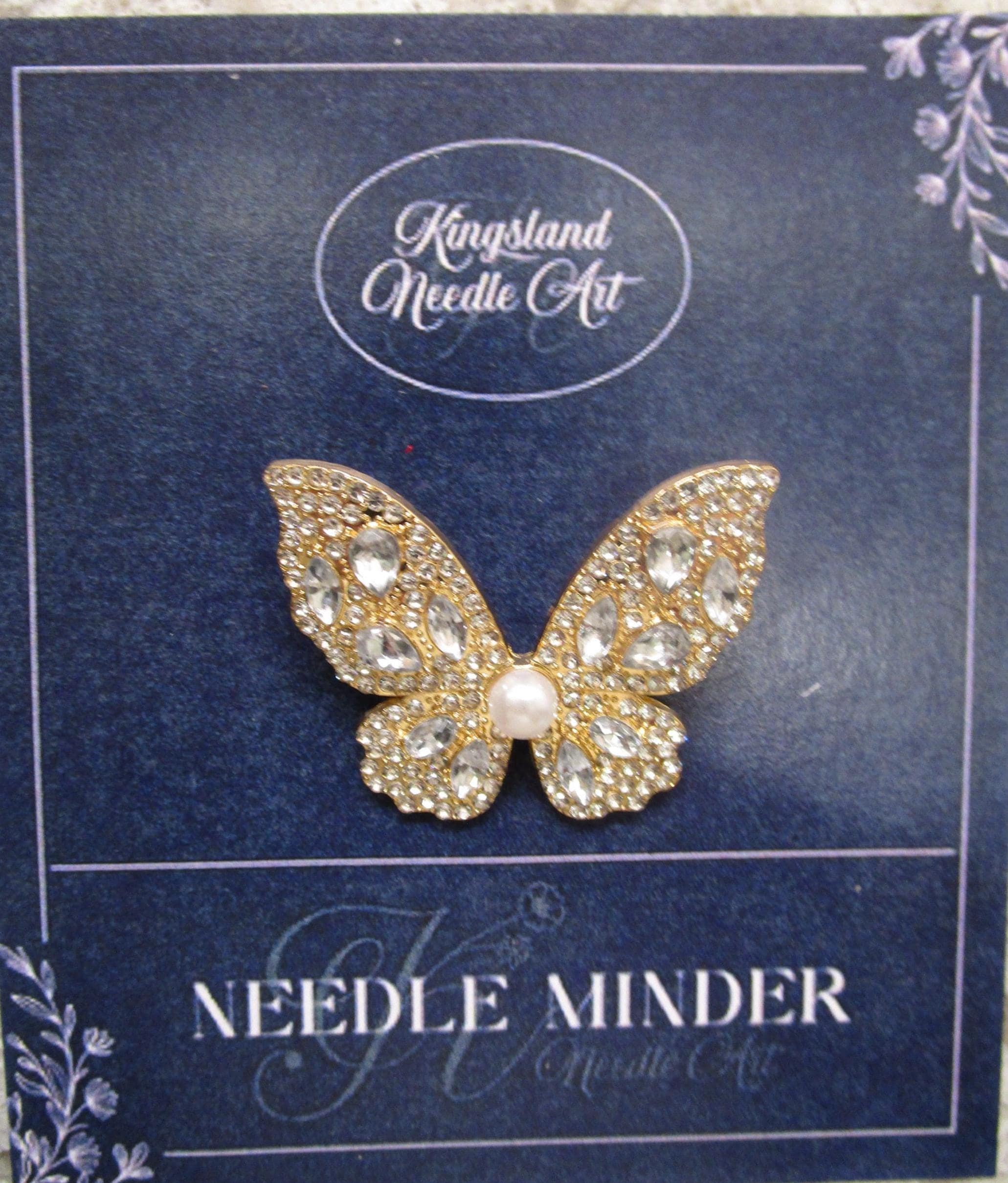 KINGSLAND NEEDLE MINDER ~ Beautiful Butterfly Needle Minder, Gold Tone, Needle Dock, Rhinestone, Magnet Needle Garage, Needleminder