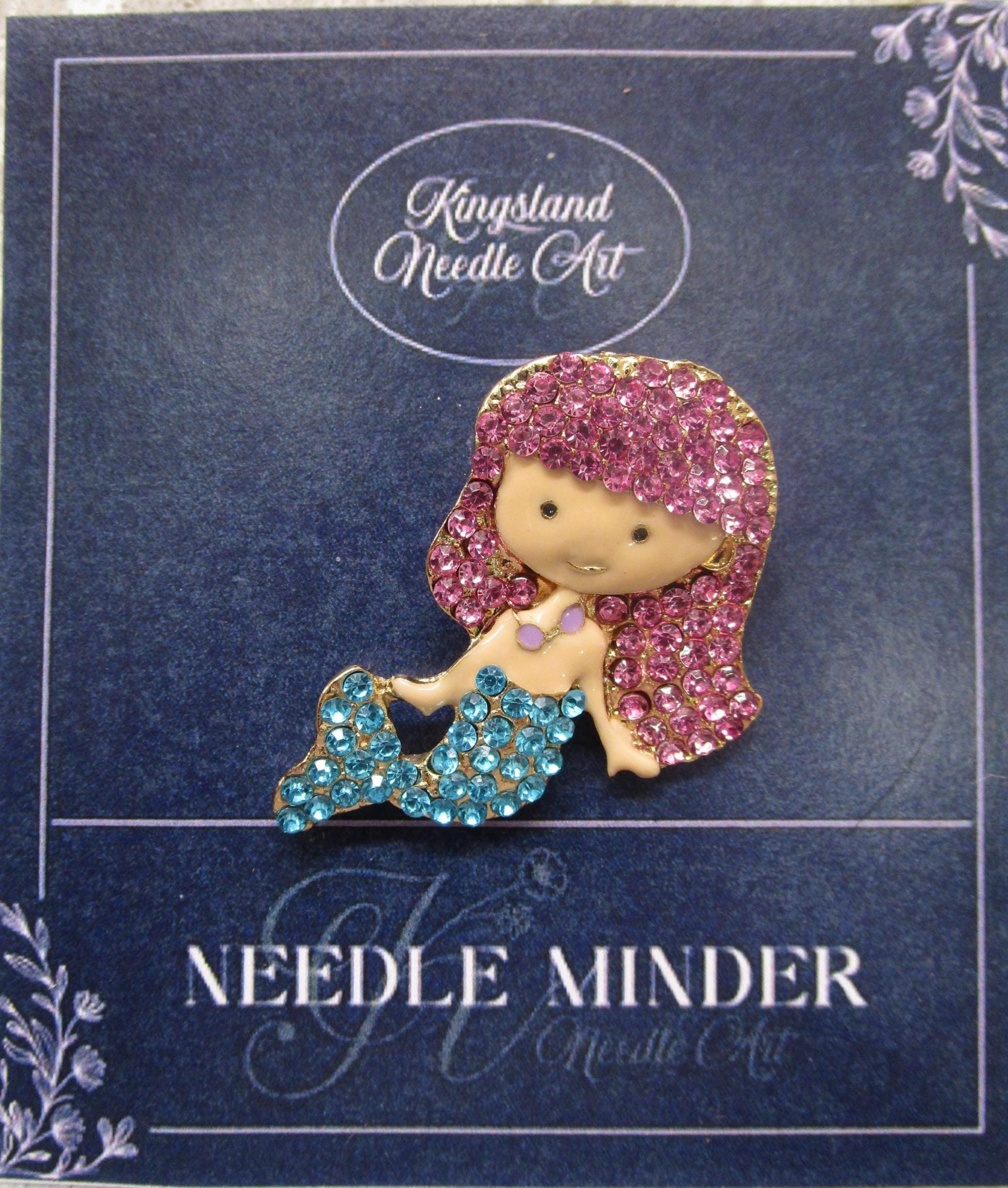 KINGSLAND NEEDLE MINDER ~ Little Mermaid Pink Hair Needle Minder, Gold Tone, Needle Dock, Rhinestone and enamel finish, Magnet, Needleminder