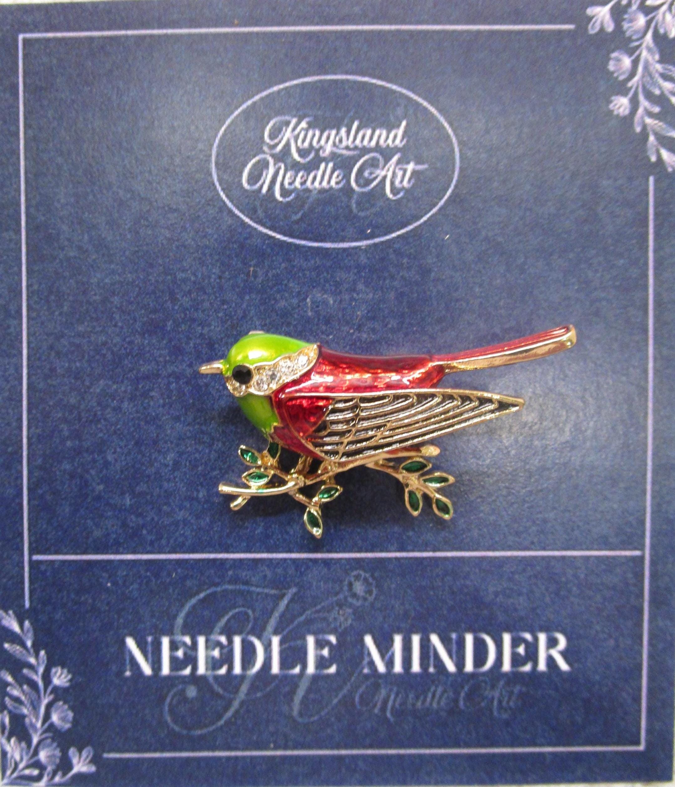 KINGSLAND NEEDLE MINDER ~ Red/Green Bird Needle Minder, Needle Dock, Sparkling Rhinestones, Enamel, Magnet, Needle Garage, Needleminder