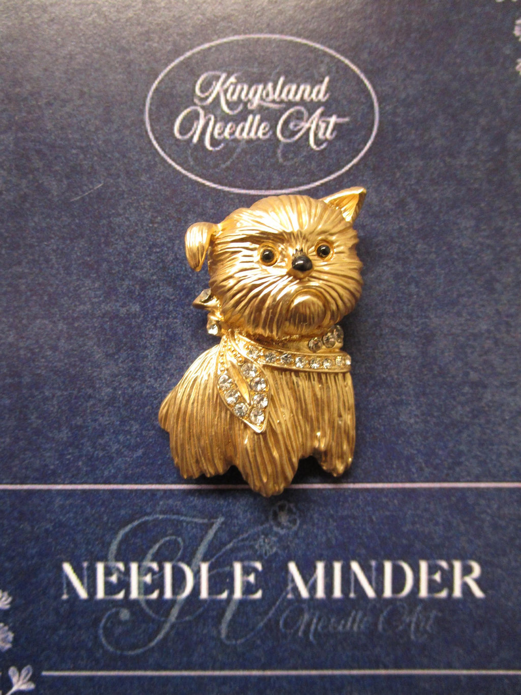 KINGSLAND NEEDLE MINDER ~ Terrier Dog Needle Minder, Gold Tone, Needle Dock, Enamel and Rhinestone, Magnet Needle Garage, Needleminder