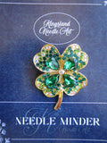 KINGSLAND NEEDLE MINDER ~ Green Clover Leaf Needle Minder, Gold Tone, Needle Dock, Enamel and Rhinestone, Magnet Needle Garage, Needleminder