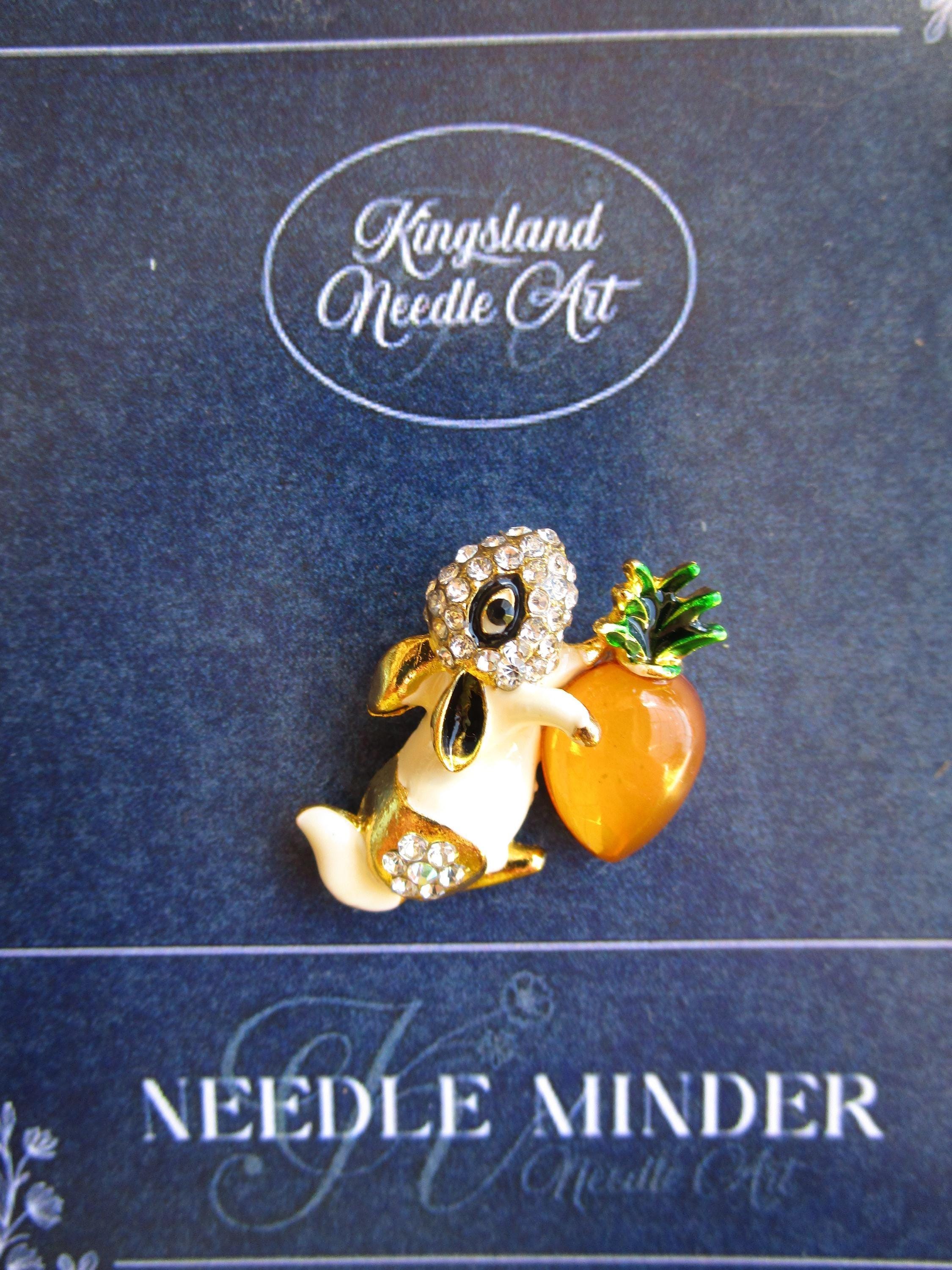 KINGSLAND NEEDLE MINDER ~ Rabbit with Carrot Needle Minder, Gold Tone, Needle Dock, Enamel and Rhinestone, Magnet Needle Garage,Needleminder