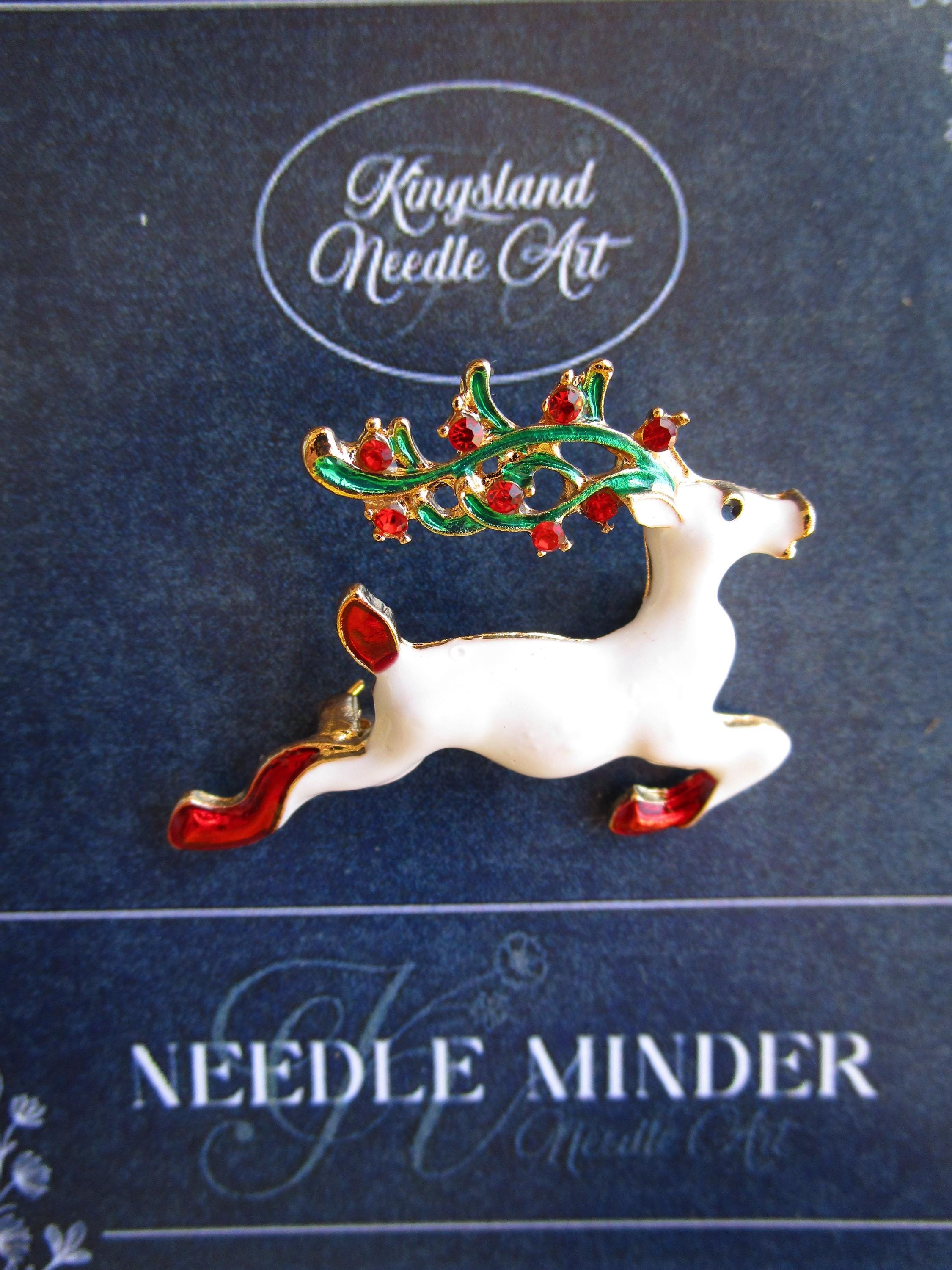 KINGSLAND NEEDLE MINDER ~ Christmas Reindeer Needle Minder, Needle Dock, Swarovski Crystal Enamel Magnet, Needle Garage, Needleminder