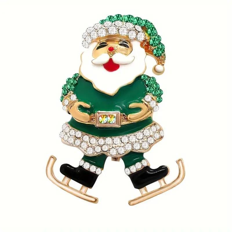 KINGSLAND NEEDLE MINDER ~ Skating Green Santa Family Needle Minder, Needle Dock, Swarovski Crystal Enamel Magnet, Needleminder