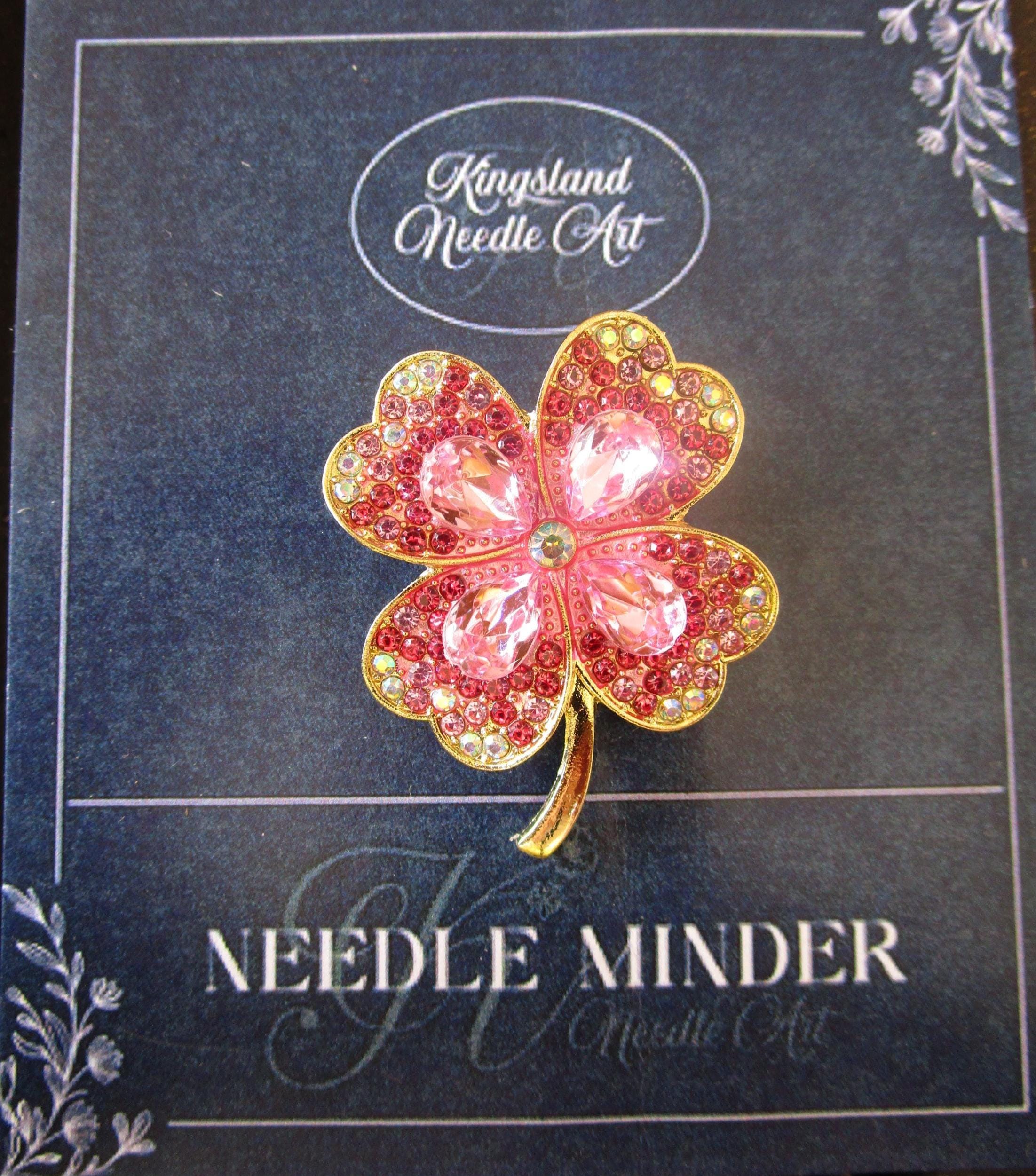 KINGSLAND NEEDLE MINDER ~ Pink Clover Leaf Needle Minder, Gold Tone, Needle Dock, Enamel and Rhinestone, Magnet Needle Garage, Needleminder