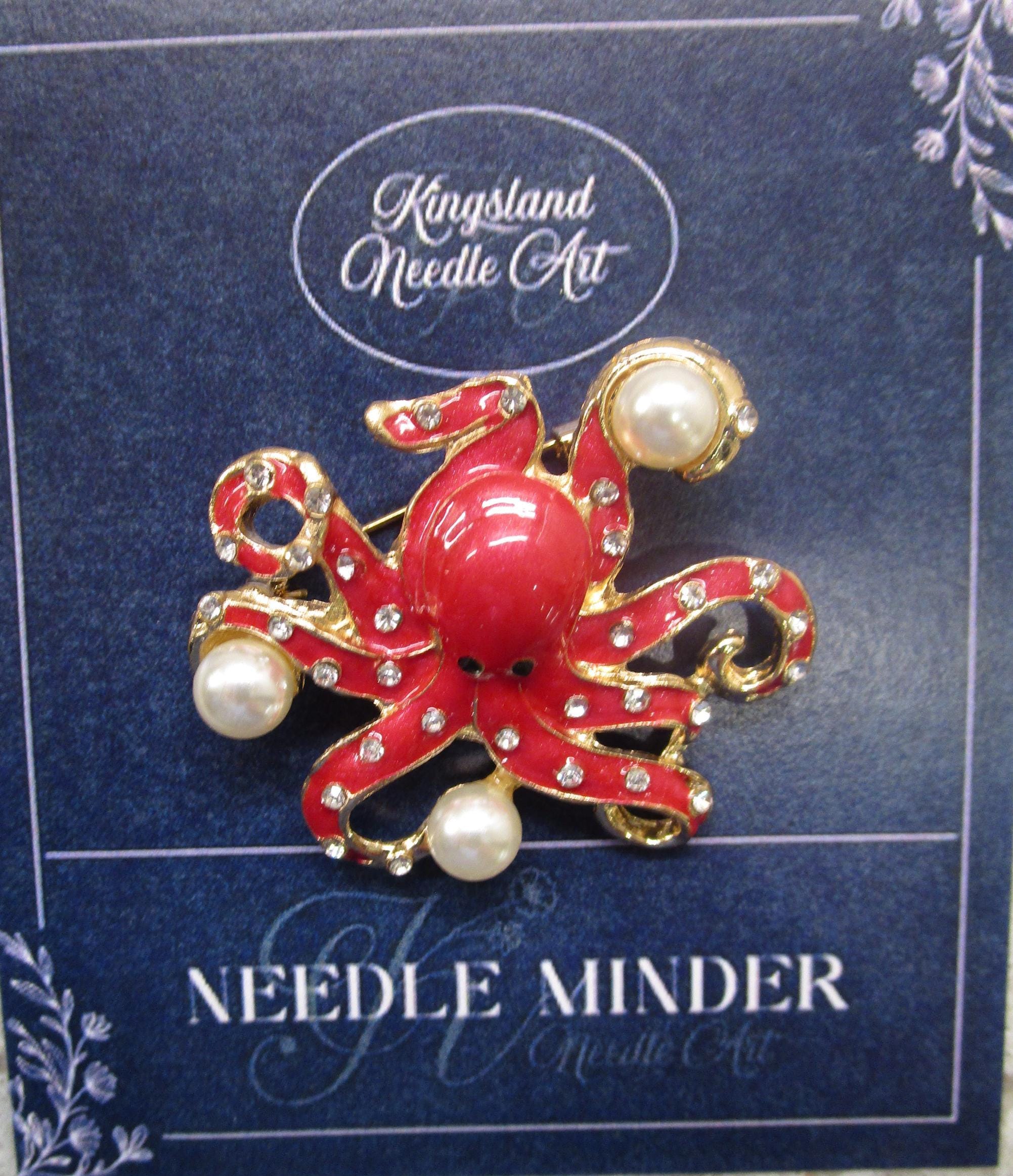 KINGSLAND NEEDLE MINDER ~ Red Pearl Octopus Needle Minder, Needle Dock, Swarovski Crystal Enamel Magnet, Needle Garage, Needleminder