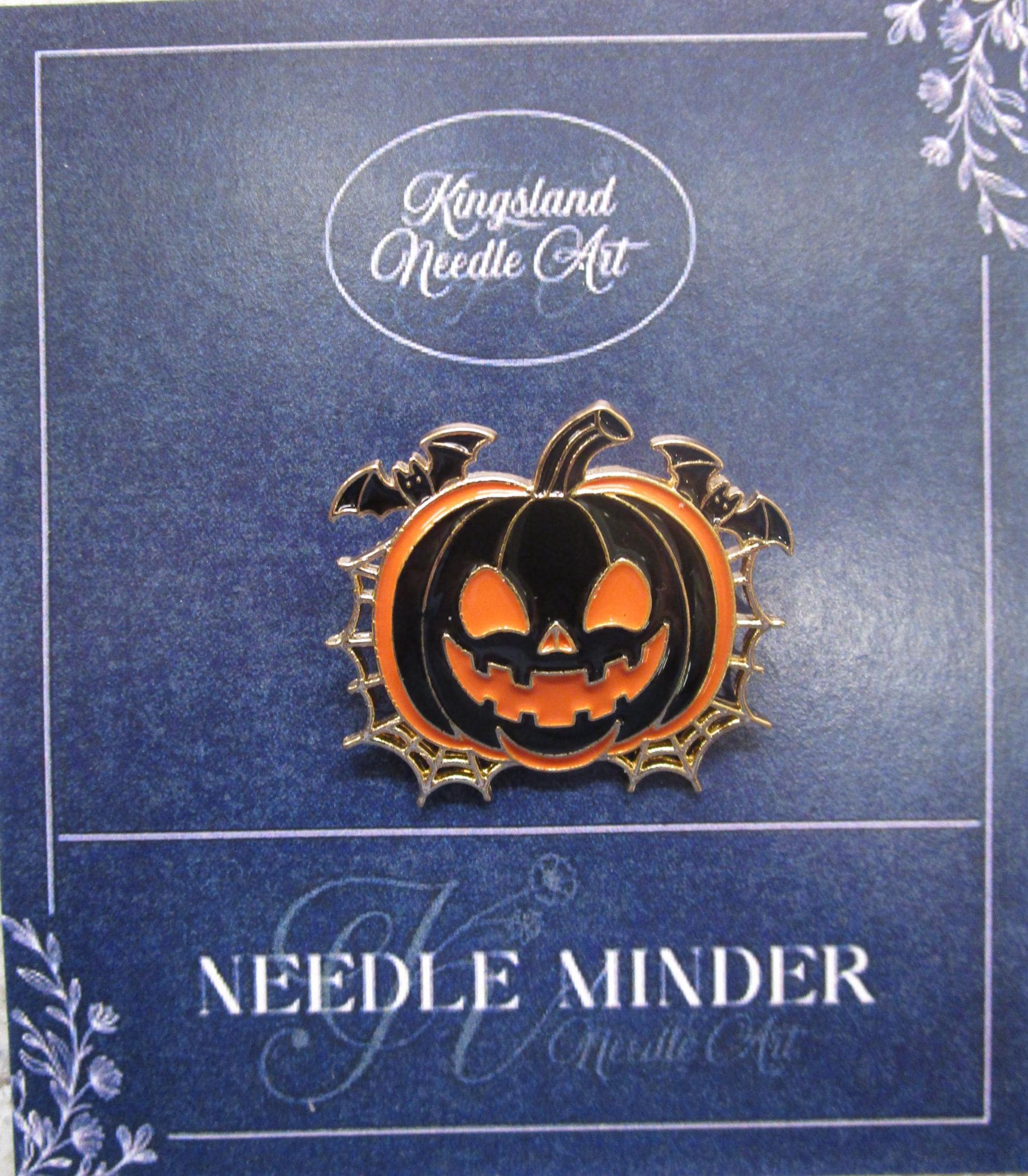 KINGSLAND NEEDLE MINDER ~ Pumpkin with Flying Bats Needle Minder, Needle Dock, Enamel, Magnet, Needle Garage, Needleminder