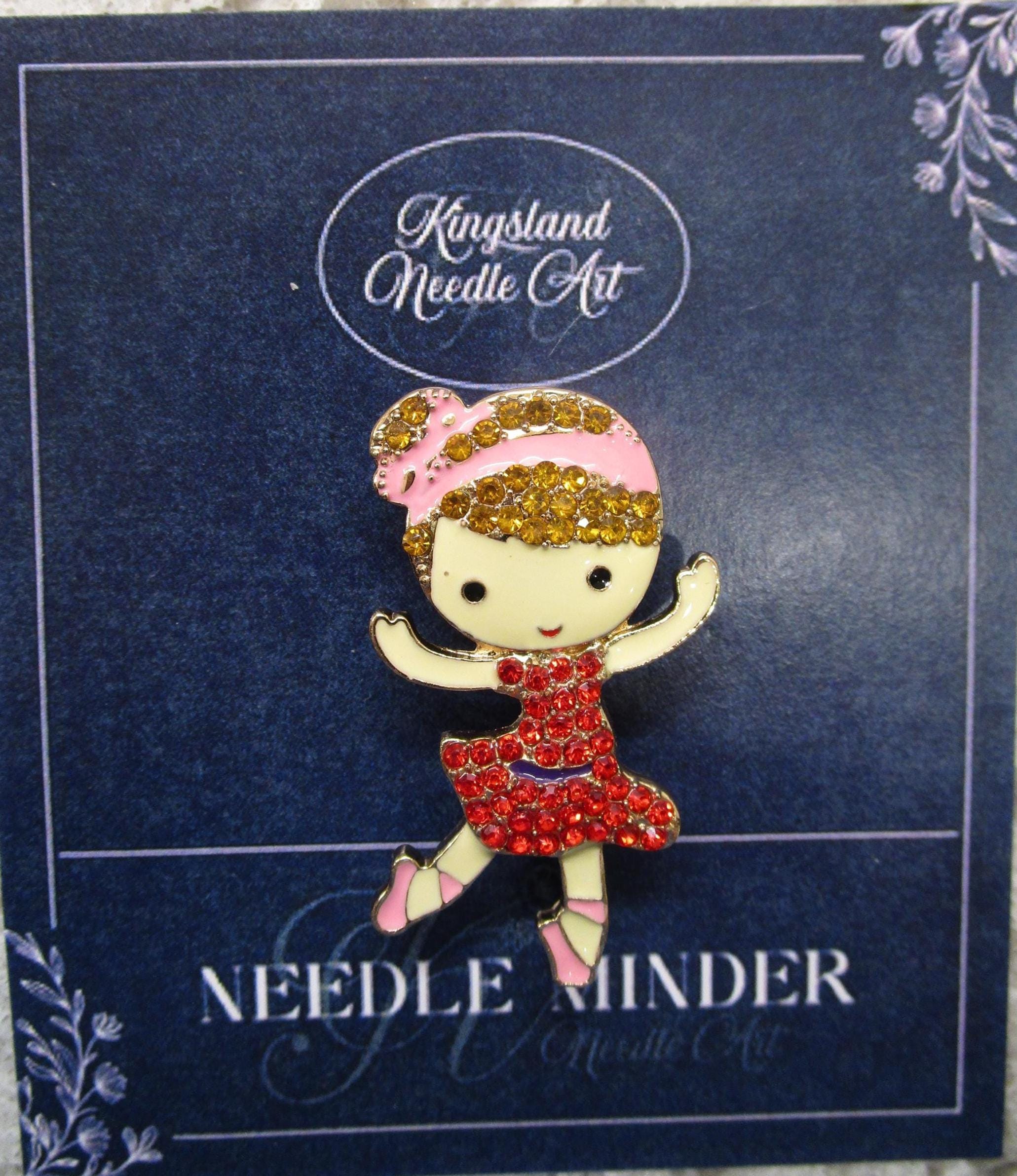 KINGSLAND NEEDLE MINDER ~ Little Girl Dancer Needle Minder, Needle Dock, Crystal, Enamel, Magnet, Needle Garage, Needleminder